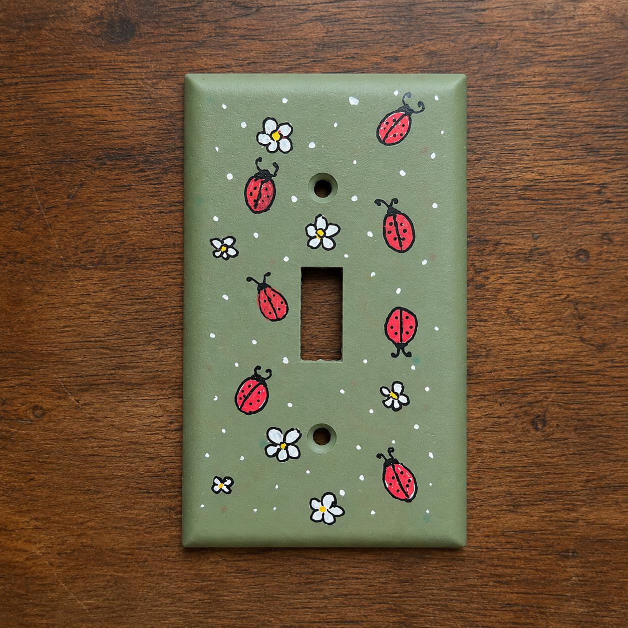 Hand-Painted Ladybug and Daisies Light Switch Plates, Olive Green Background, Nature Kitchen Decor, Outlet Cover Wall Art