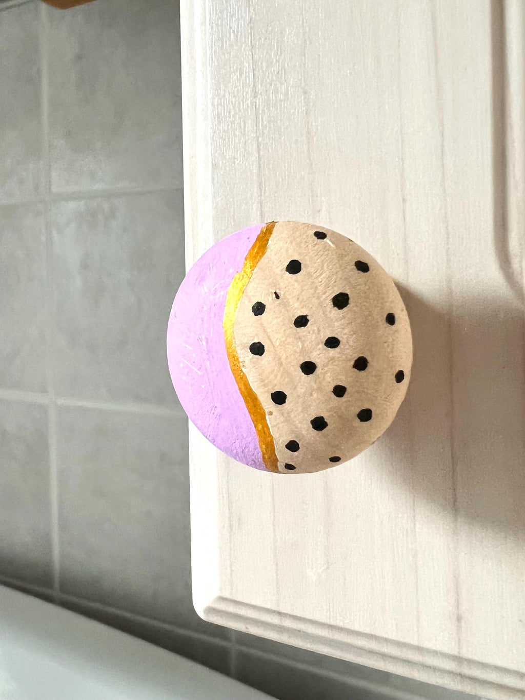 Handpainted Wooden Drawer and Cupboard Door Knob, Lavender and Black Dots with Gold Accent, Modern Farmhouse Cabinet Pulls Ho