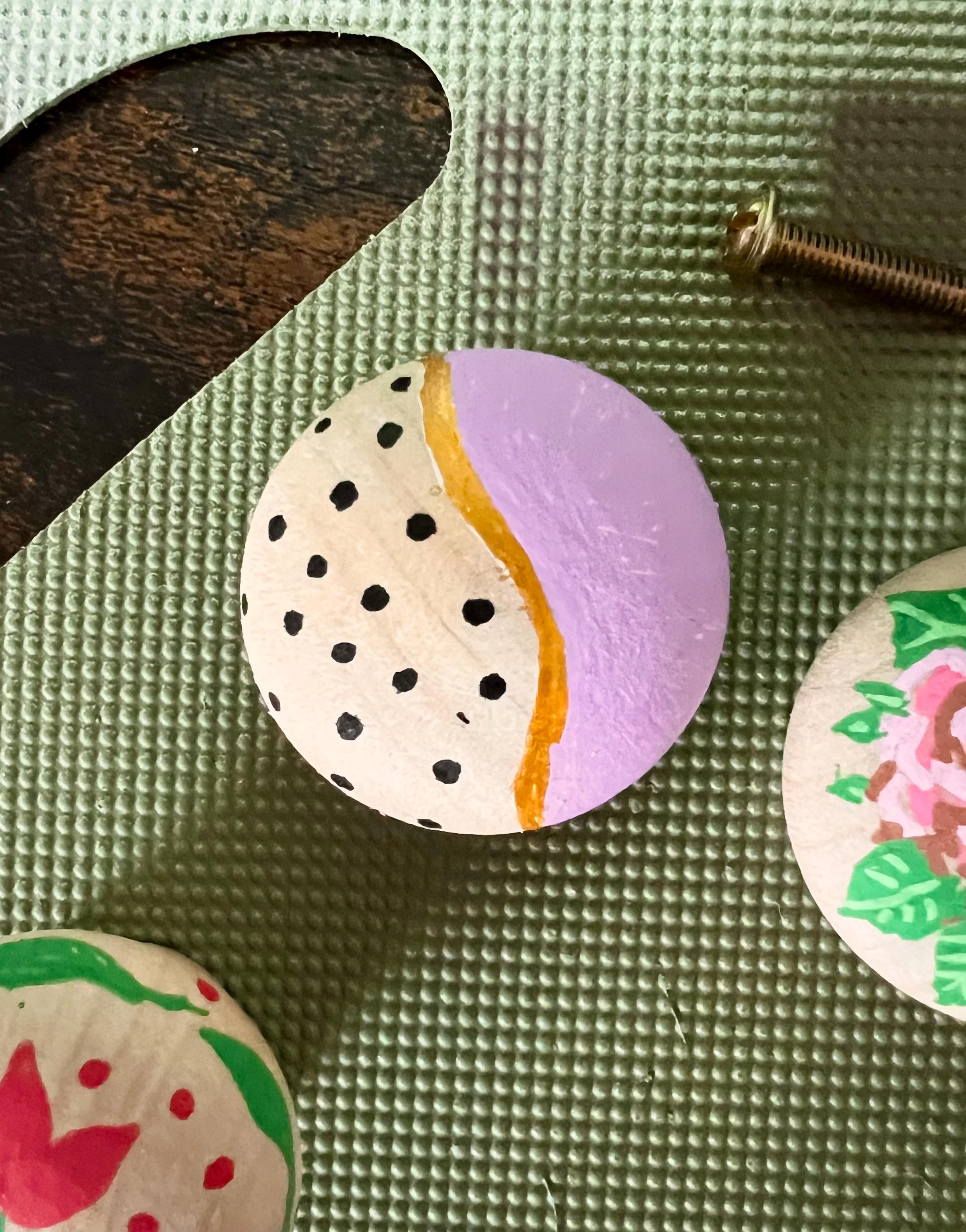 Handpainted Wooden Drawer and Cupboard Door Knob, Lavender and Black Dots with Gold Accent, Modern Farmhouse Cabinet Pulls Ho