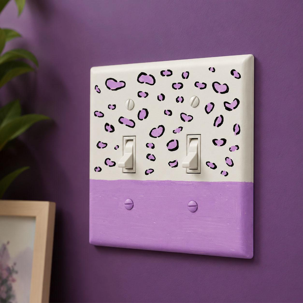 Hand-Painted Leopard Pattern Light Switch Plate, Purple Modern Pastel Cheetah Spots Outlet Wall Art