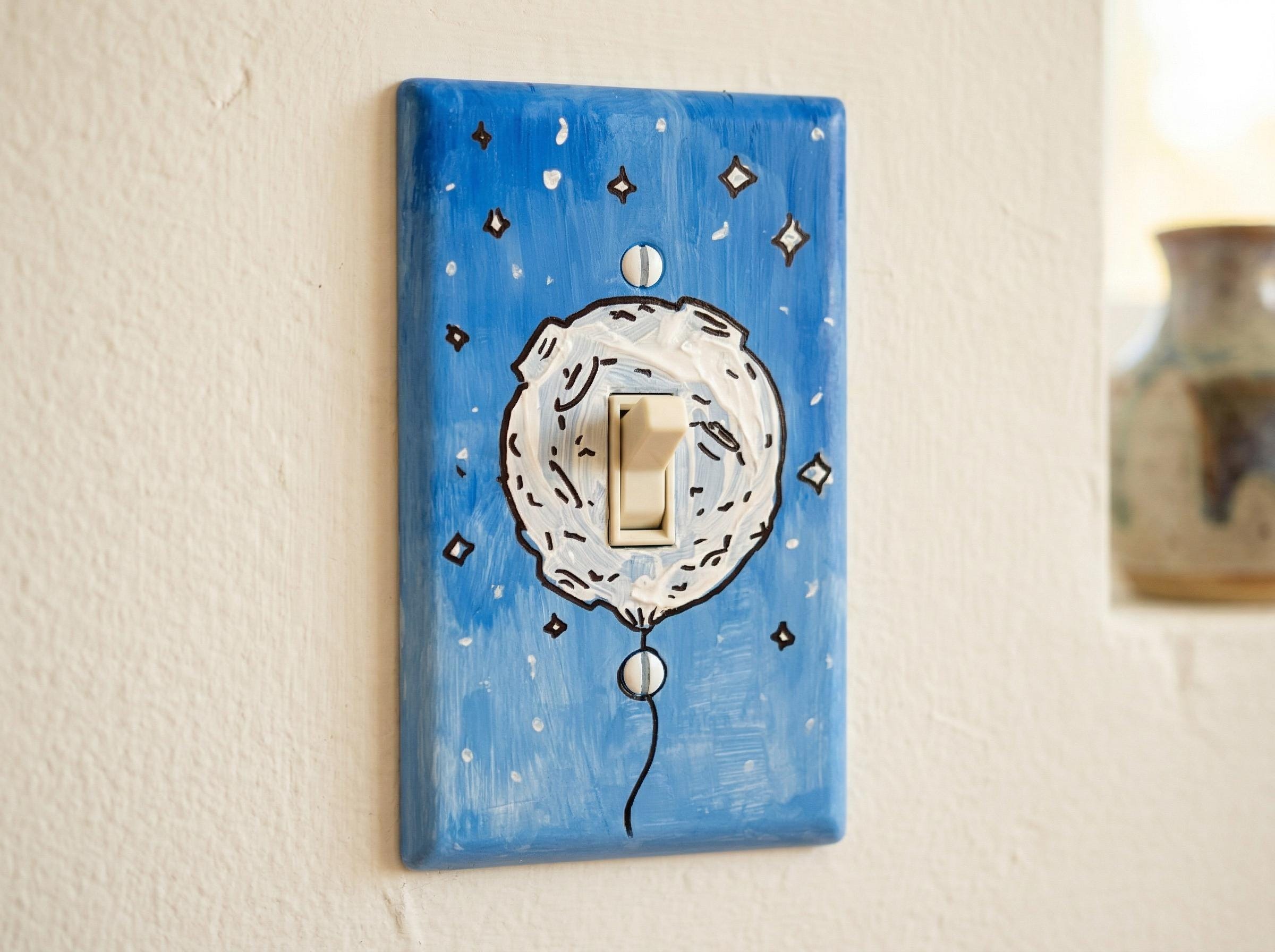Hand-Painted Moon Balloon Light Switch Plates, Kids Nursery Blue Wall Art, Cute Space Theme Outlet Cover