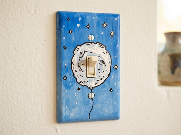 Hand-Painted Moon Balloon Light Switch Plates, Kids Nursery Blue Wall Art, Cute Space Theme Outlet Cover