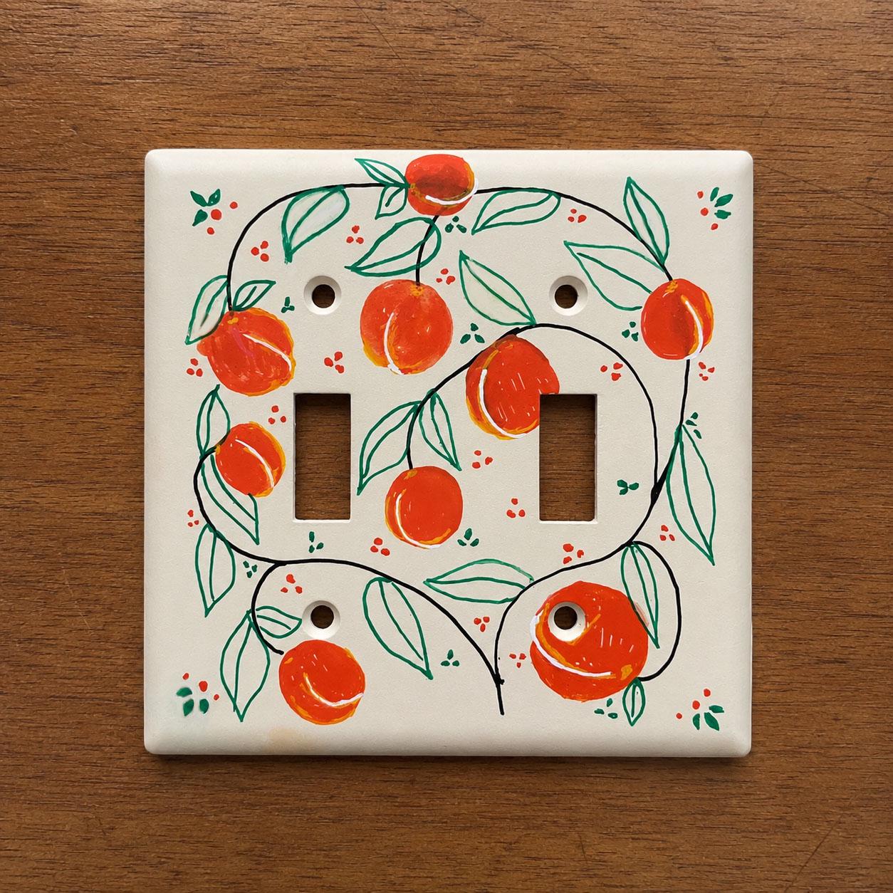 Handpainted Peaches Light Switch Cover Plate, Cottagecore Orange and Green Kitchen Outlet Wall Art