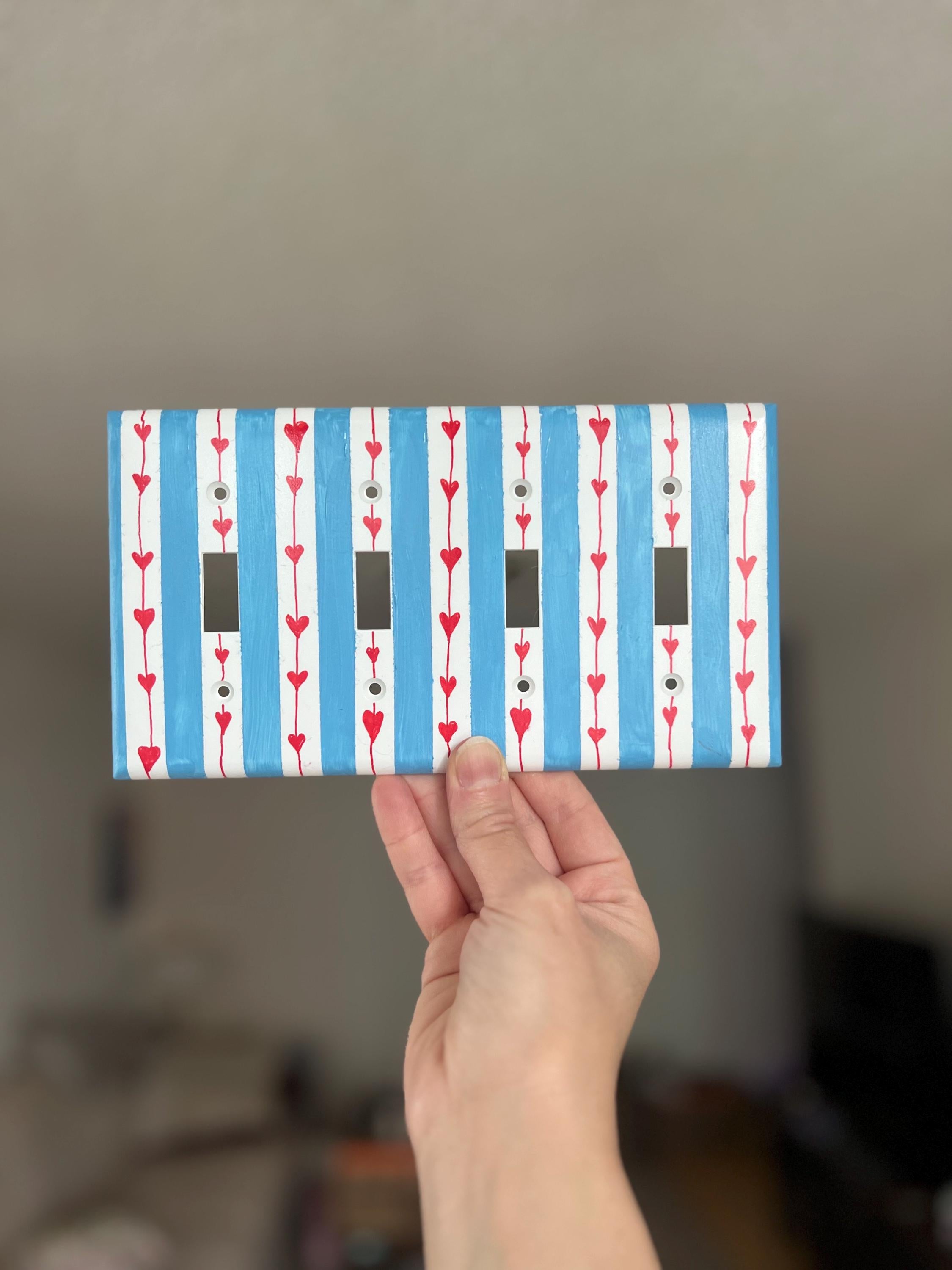 Hand painted Blue Stripes and Red Hearts Light Switch Plate, Nursery Kids Room Unique Outlet Cover