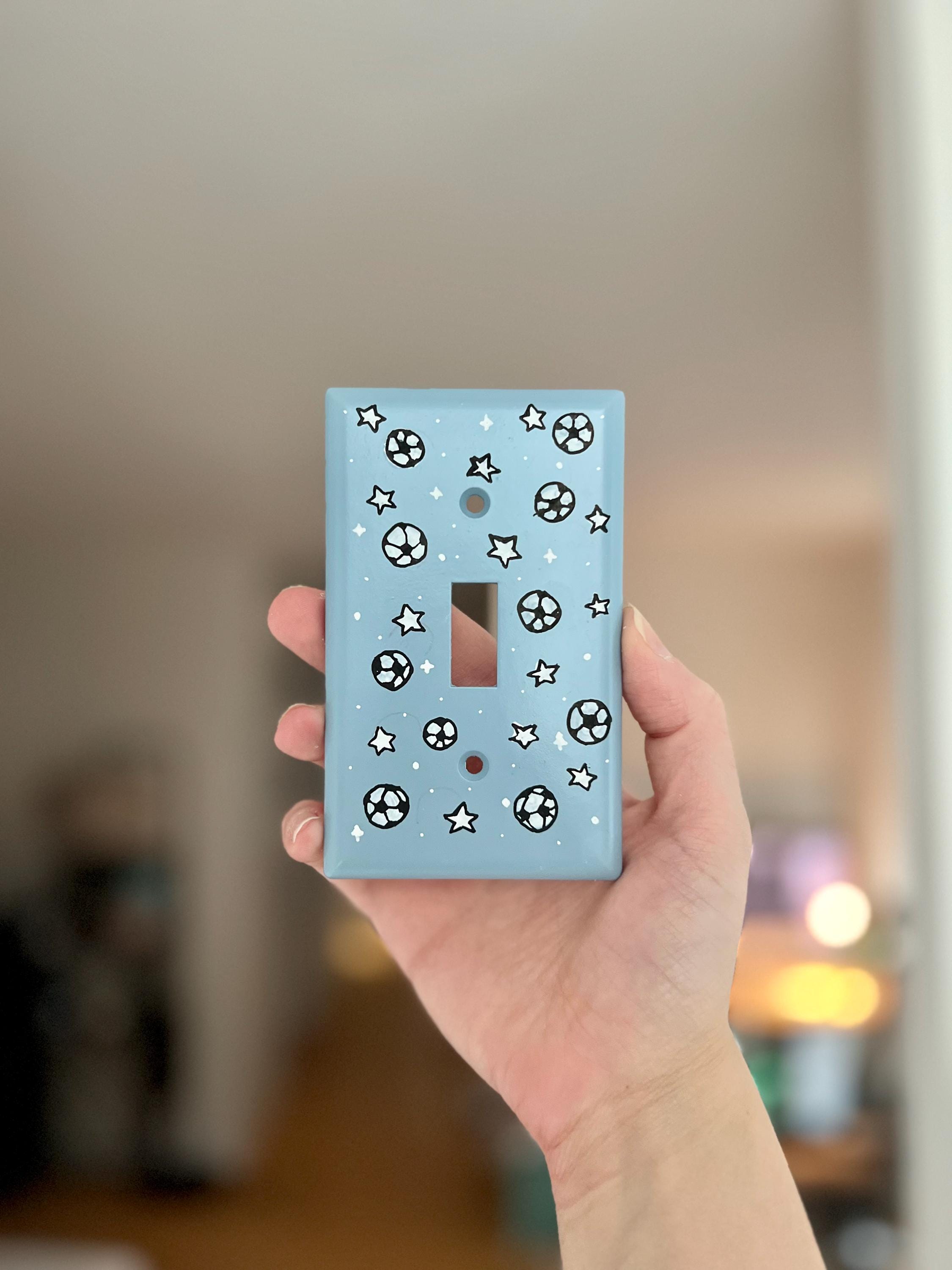 Hand-Painted Soccer Football Light Switch Plate, Blue Kids Bedroom Sports Wall Outlet Cover Art