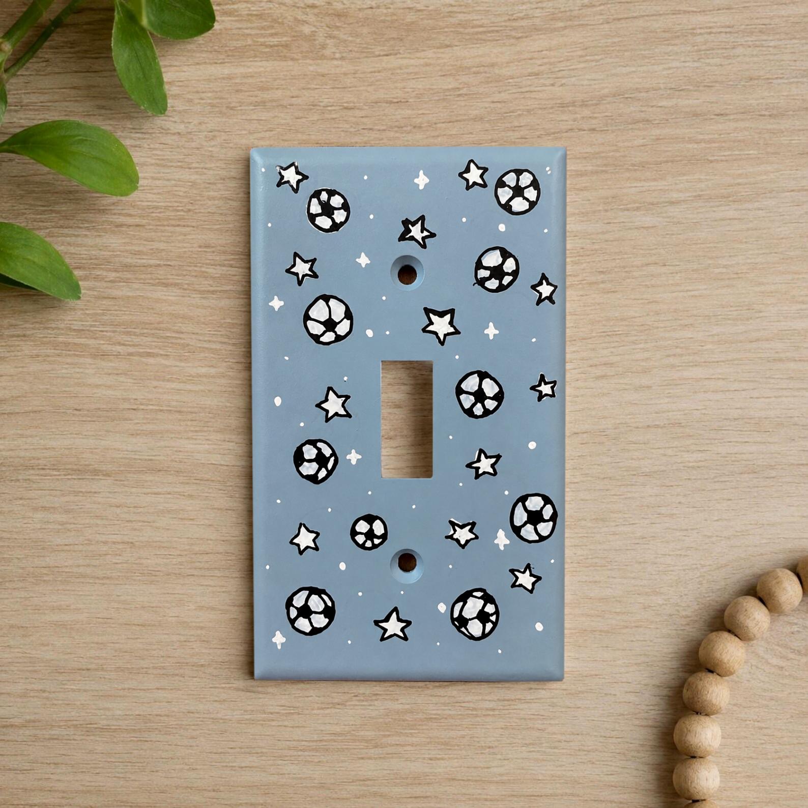 Hand-Painted Soccer Football Light Switch Plate, Blue Kids Bedroom Sports Wall Outlet Cover Art