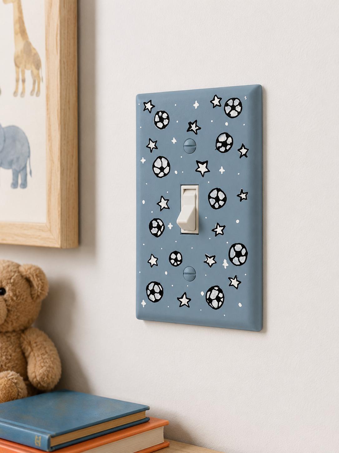 Hand-Painted Soccer Football Light Switch Plate, Blue Kids Bedroom Sports Wall Outlet Cover Art