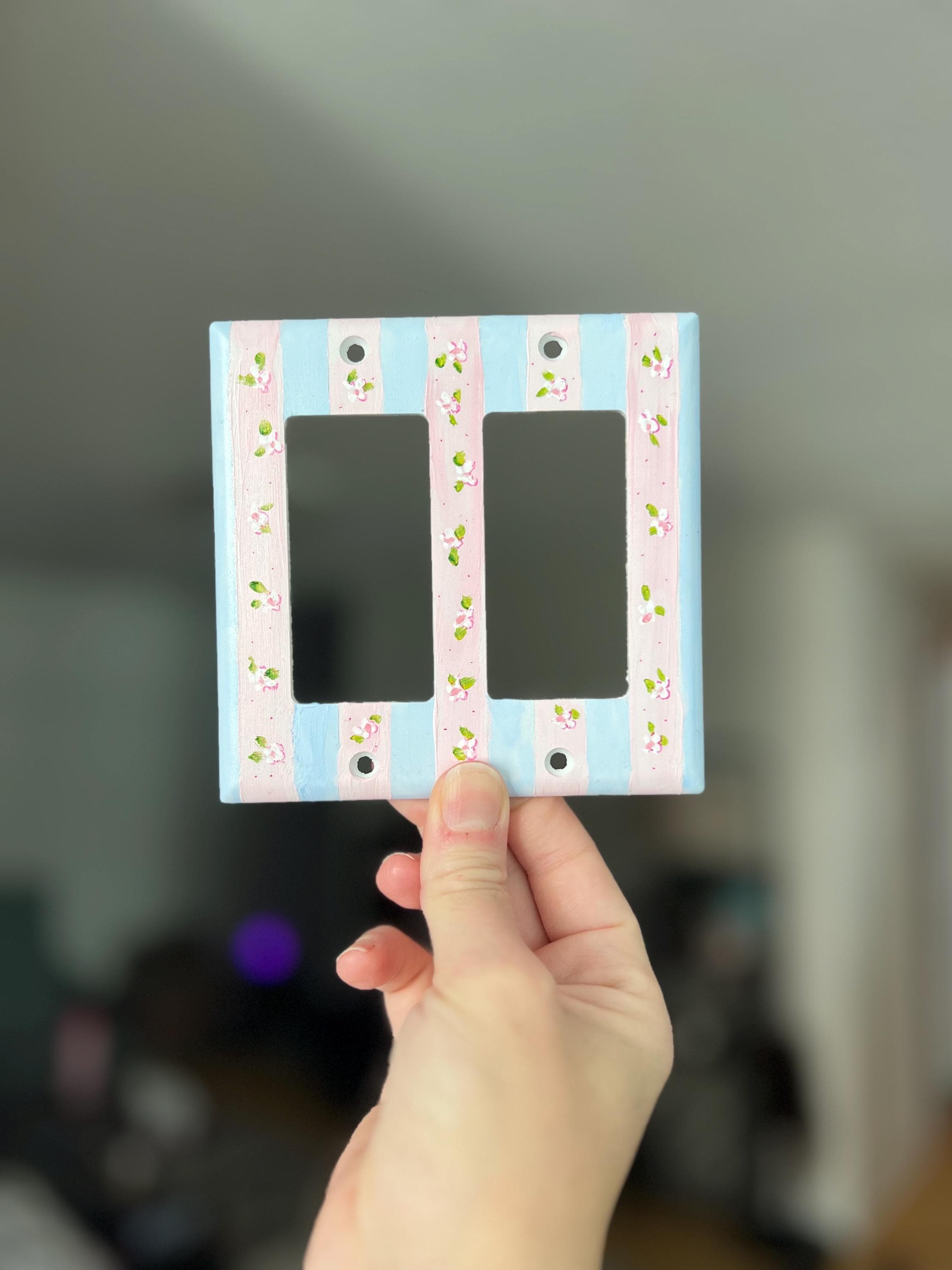 Hand-Painted Flowers Switch Plate, Baby Pink and Light Blue Floral Wall Art, Home Outlet Cover