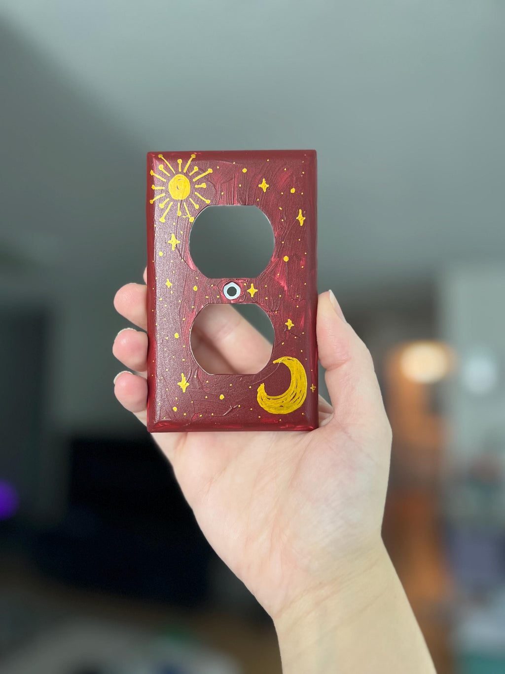 Hand-Painted Dark Red Celestial Switch Plate, Sun, Moon and Stars Wall Art Cover, Gold Witchy Decor