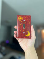 Hand-Painted Dark Red Celestial Switch Plate, Sun, Moon and Stars Wall Art Cover, Gold Witchy Decor