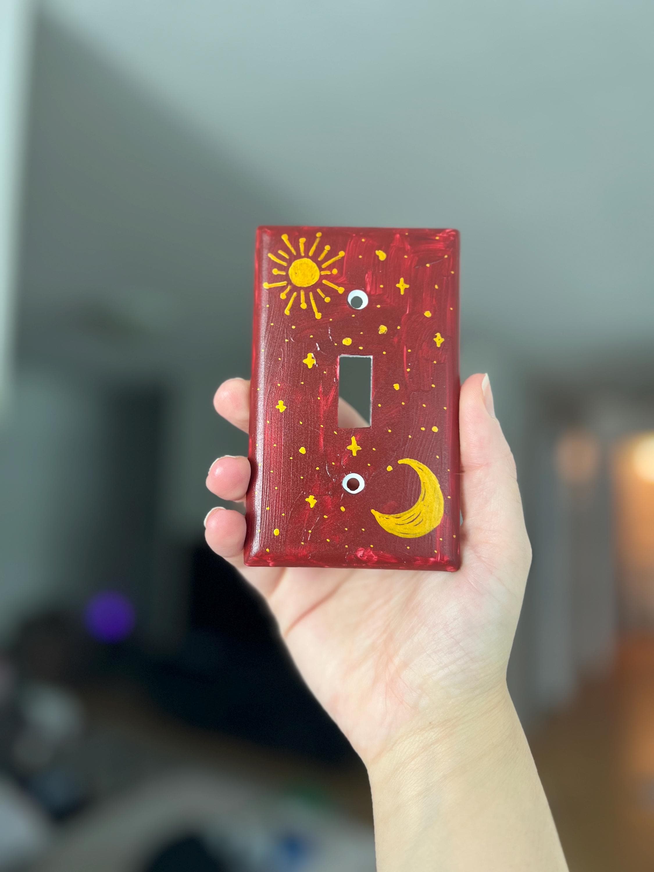Hand-Painted Dark Red Celestial Switch Plate, Sun, Moon and Stars Wall Art Cover, Gold Witchy Decor