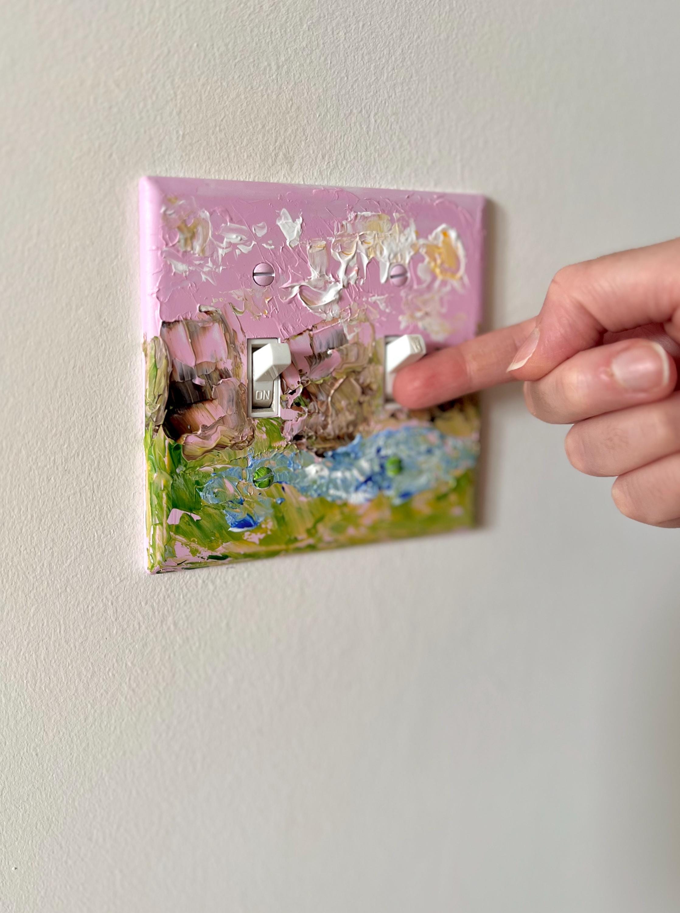 Hand-Painted Landscape Cottagecore Light Switch Plate, Kitchen Wall Art, Impasto Pink and Green Painting