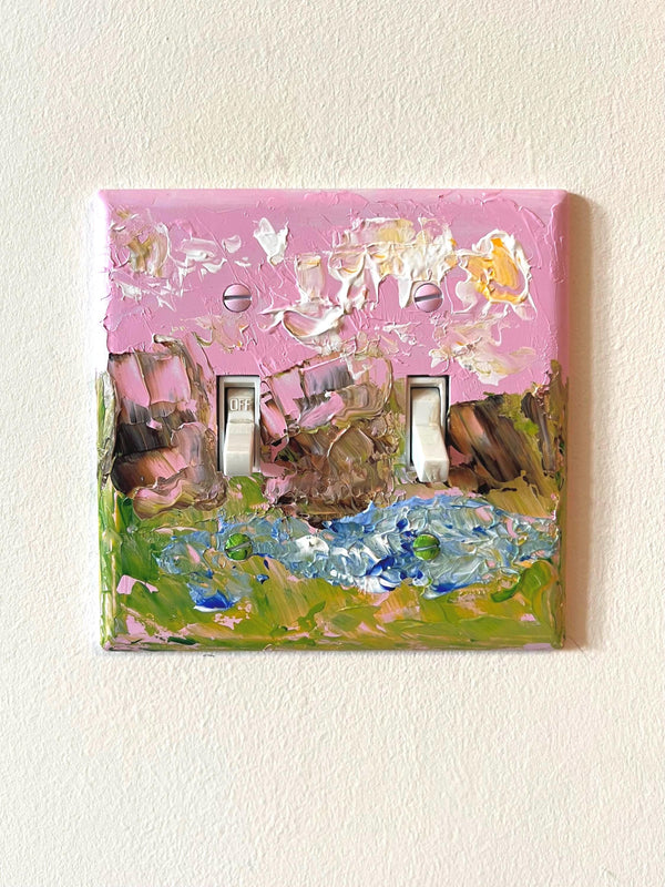 Hand-Painted Landscape Cottagecore Light Switch Plate, Kitchen Wall Art, Impasto Pink and Green Painting