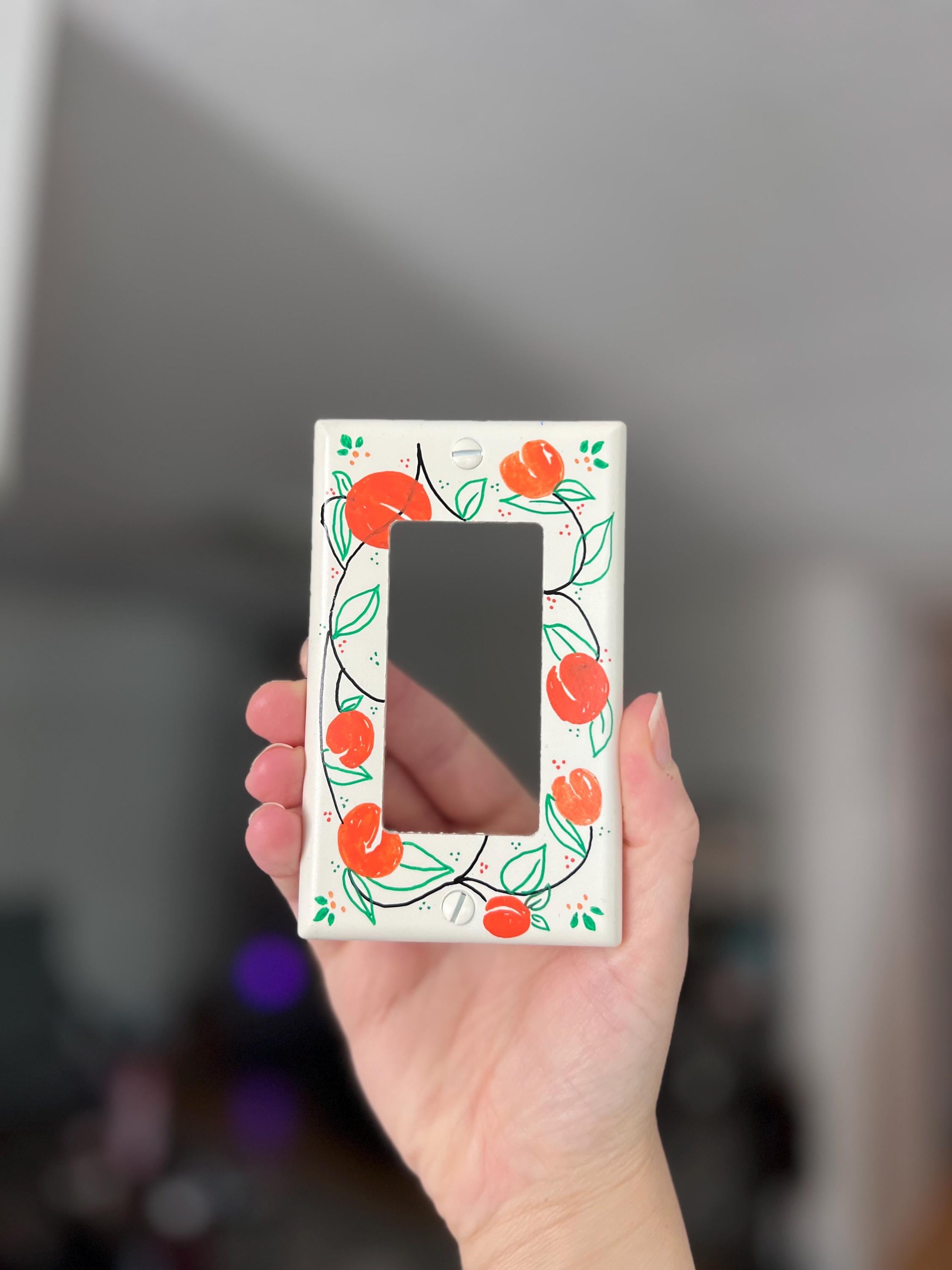 Handpainted Peaches Light Switch Cover Plate, Cottagecore Orange and Green Kitchen Outlet Wall Art