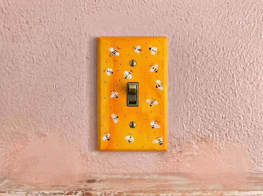 Hand-Painted Yellow Bee Pattern Light Switch Plates, Bumblebee Kitchen Decor, Outlet Cover Wall Art