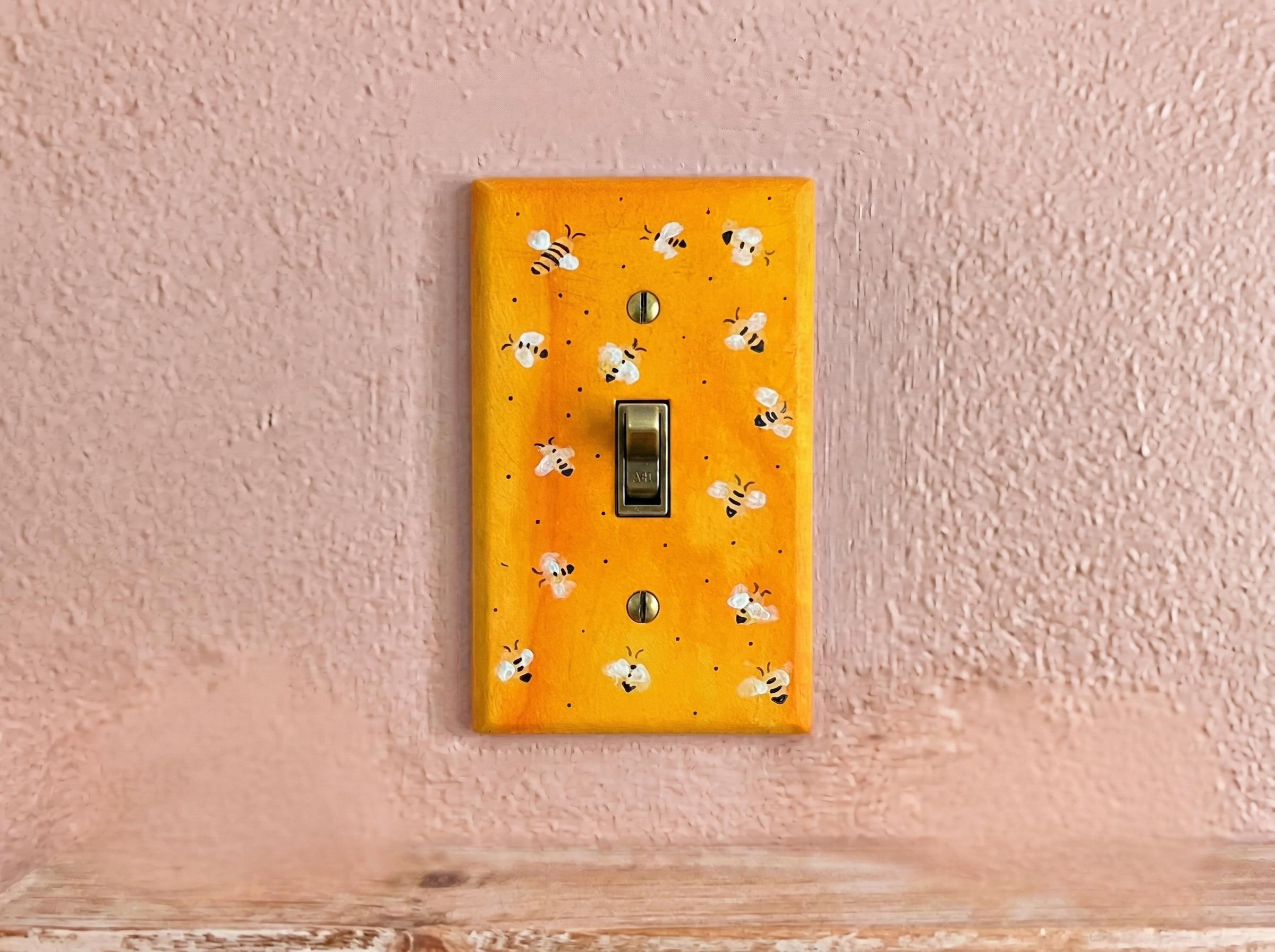 Hand-Painted Yellow Bee Pattern Light Switch Plates, Bumblebee Kitchen Decor, Outlet Cover Wall Art