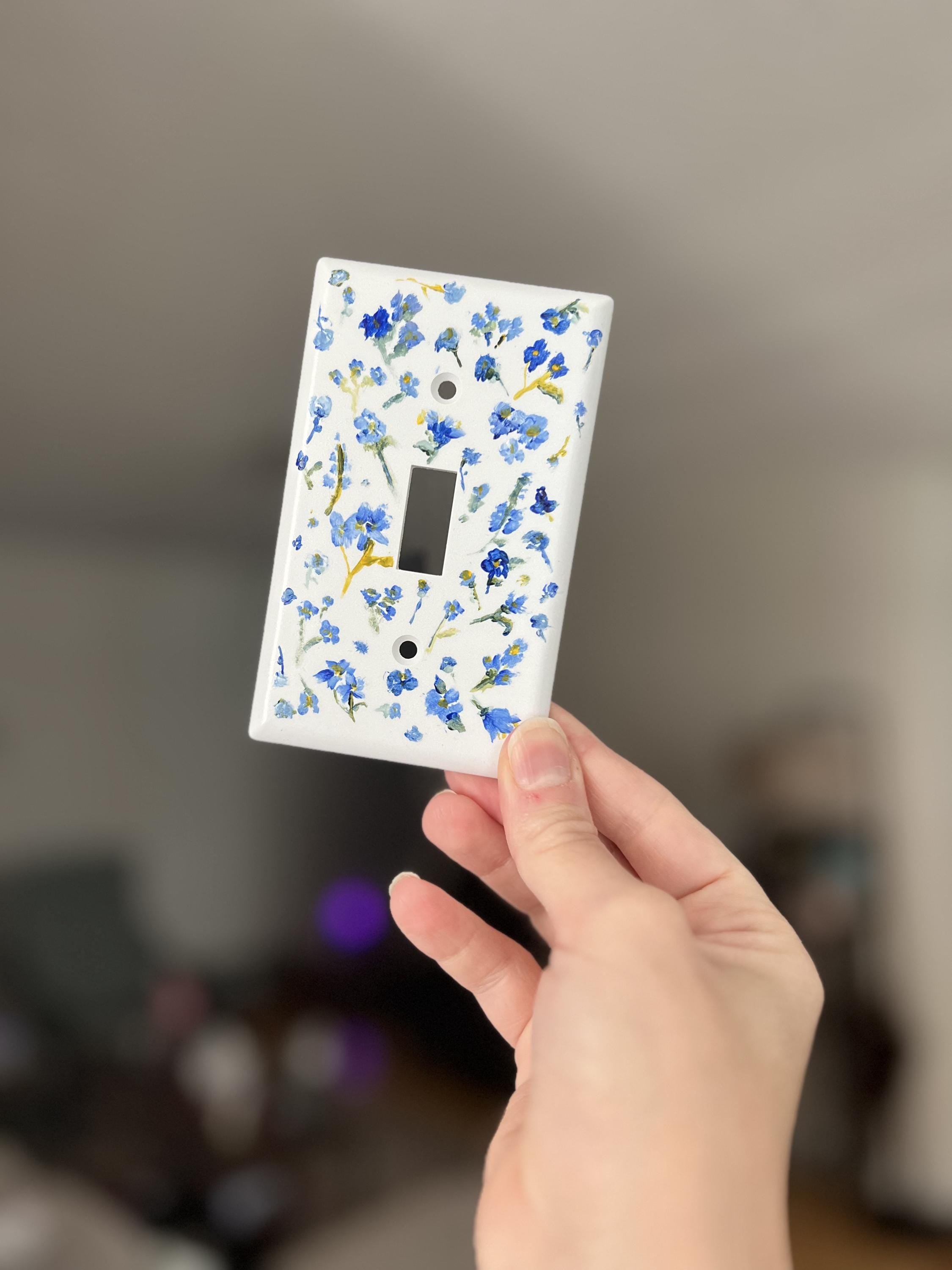 Hand-Painted Light Switch Plate, Blue Forget Me Not Flowers on White Background, Ditsy Floral Pattern Decor, Cottagecore Outl