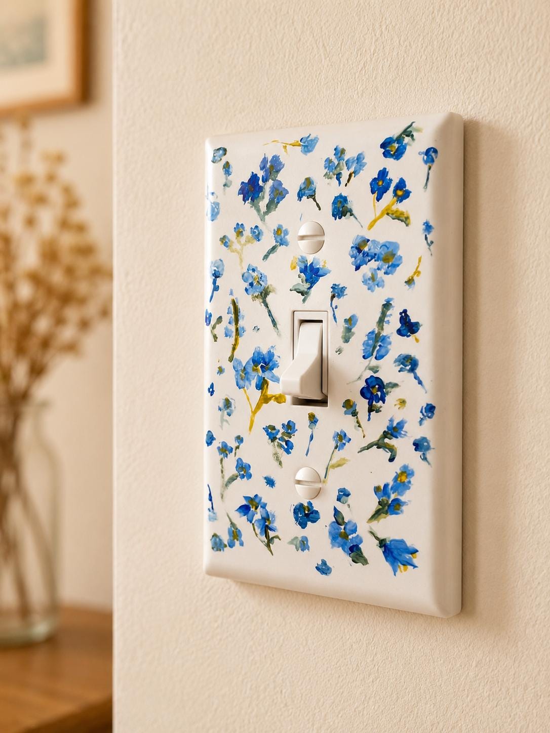 Hand-Painted Light Switch Plate, Blue Forget Me Not Flowers on White Background, Ditsy Floral Pattern Decor, Cottagecore Outl