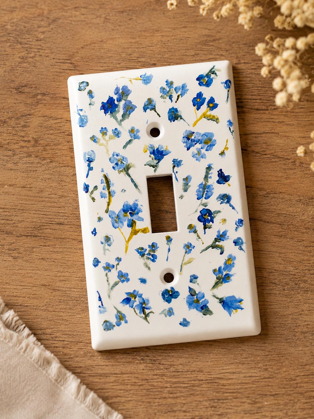 Hand-Painted Light Switch Plate, Blue Forget Me Not Flowers on White Background, Ditsy Floral Pattern Decor, Cottagecore Outl