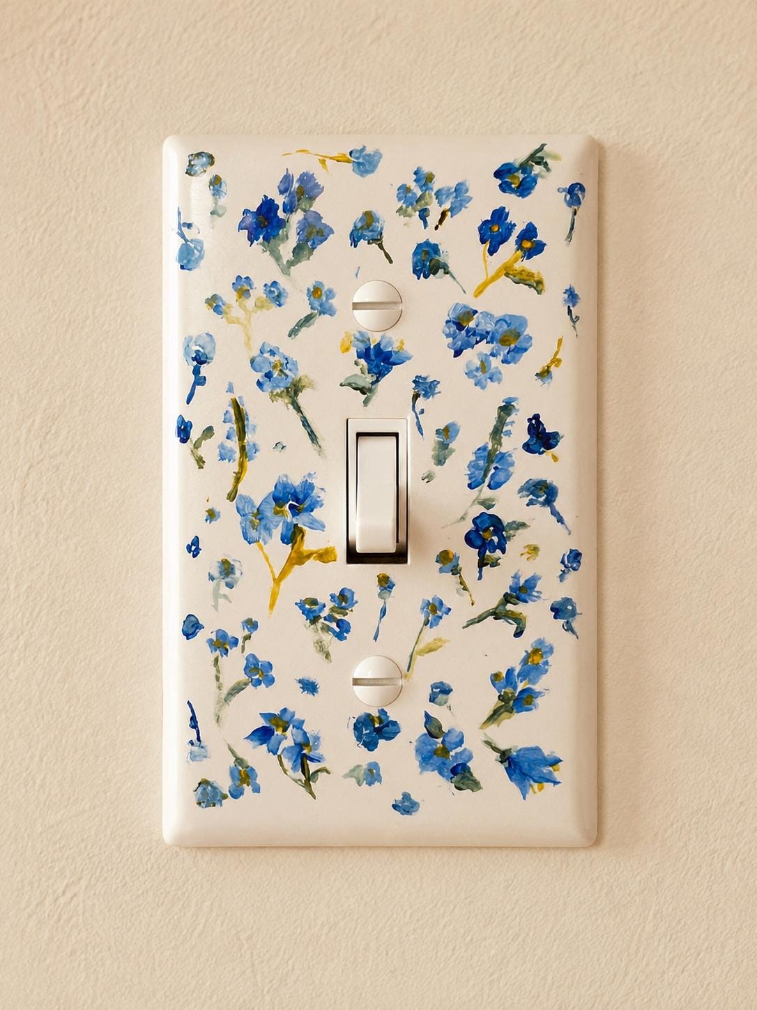Hand-Painted Light Switch Plate, Blue Forget Me Not Flowers on White Background, Ditsy Floral Pattern Decor, Cottagecore Outl