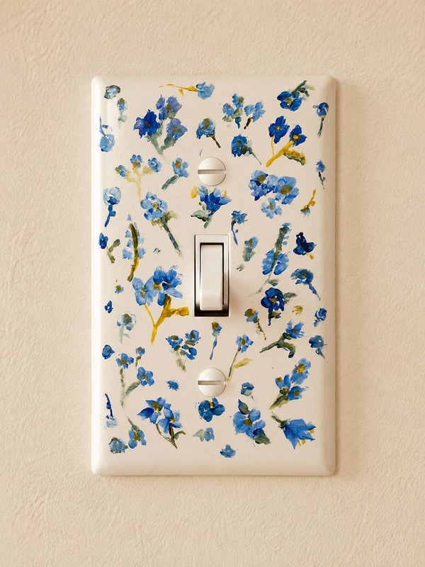 Hand-Painted Light Switch Plate, Blue Forget Me Not Flowers on White Background, Ditsy Floral Pattern Decor, Cottagecore Outl