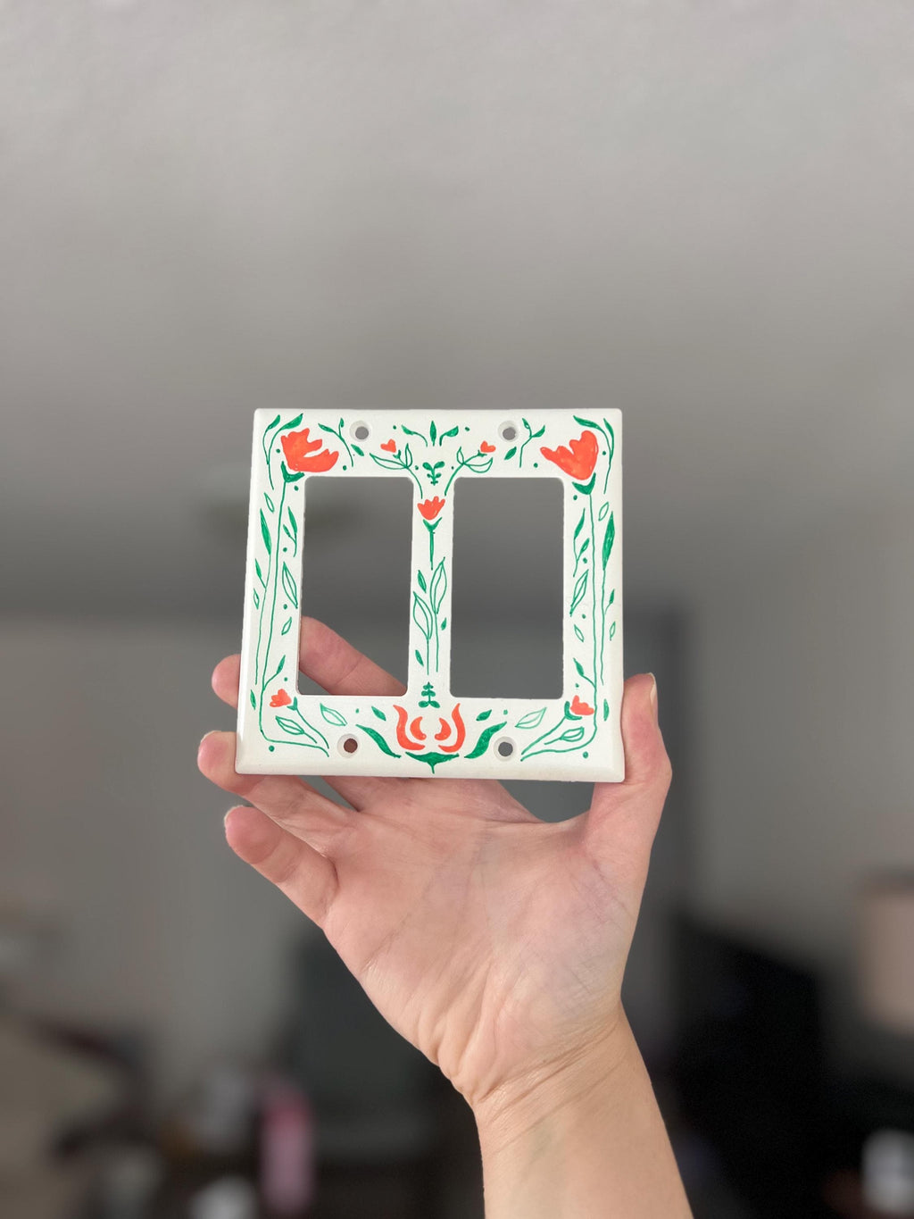 Hand-Painted Floral Light Switch Plate Cover, Orange Flowers Modern Wall Art