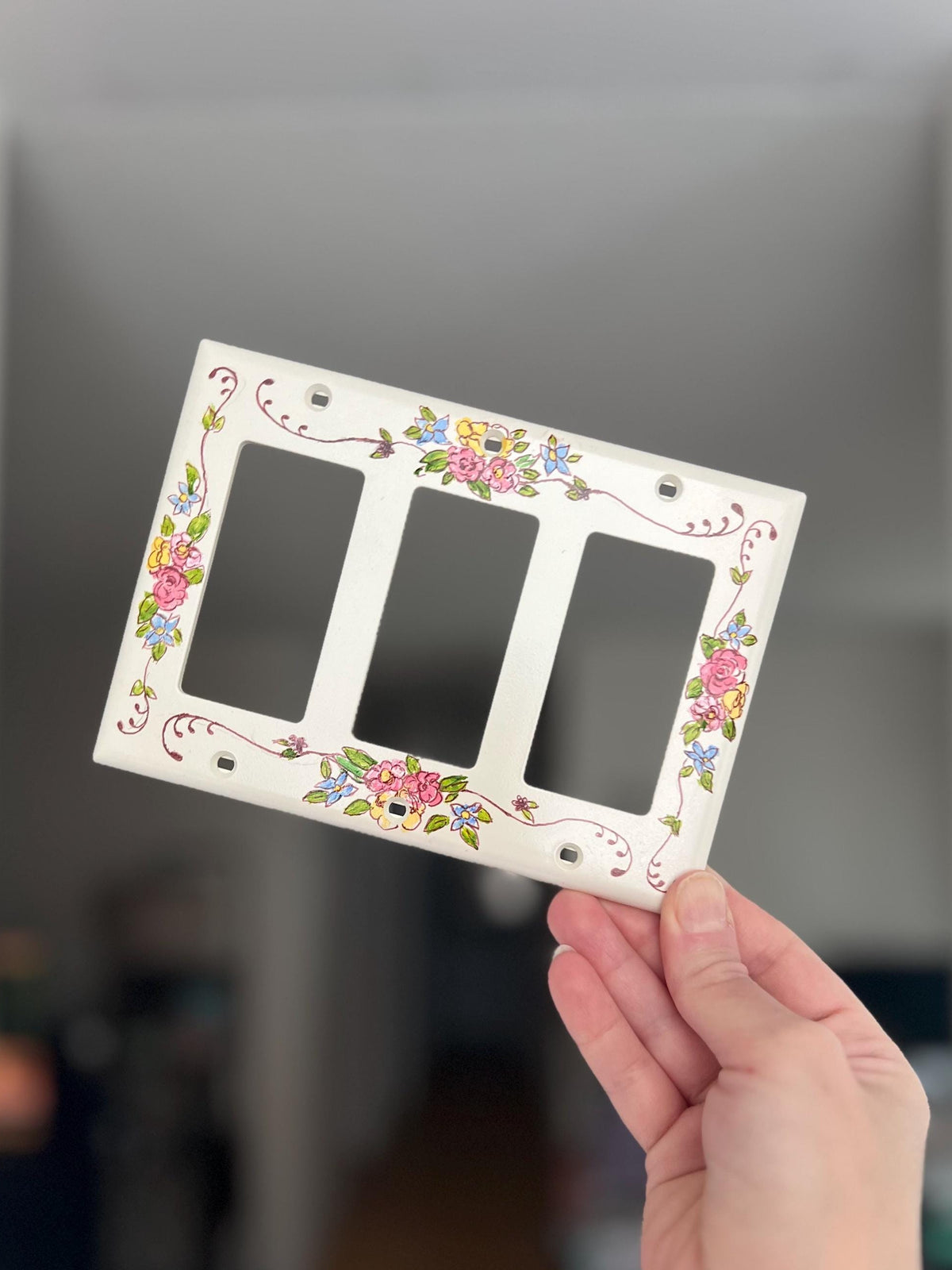Hand-Painted Floral Vintage Light Switch Plate, Cottagecore Flowers Kitchen Wall Art