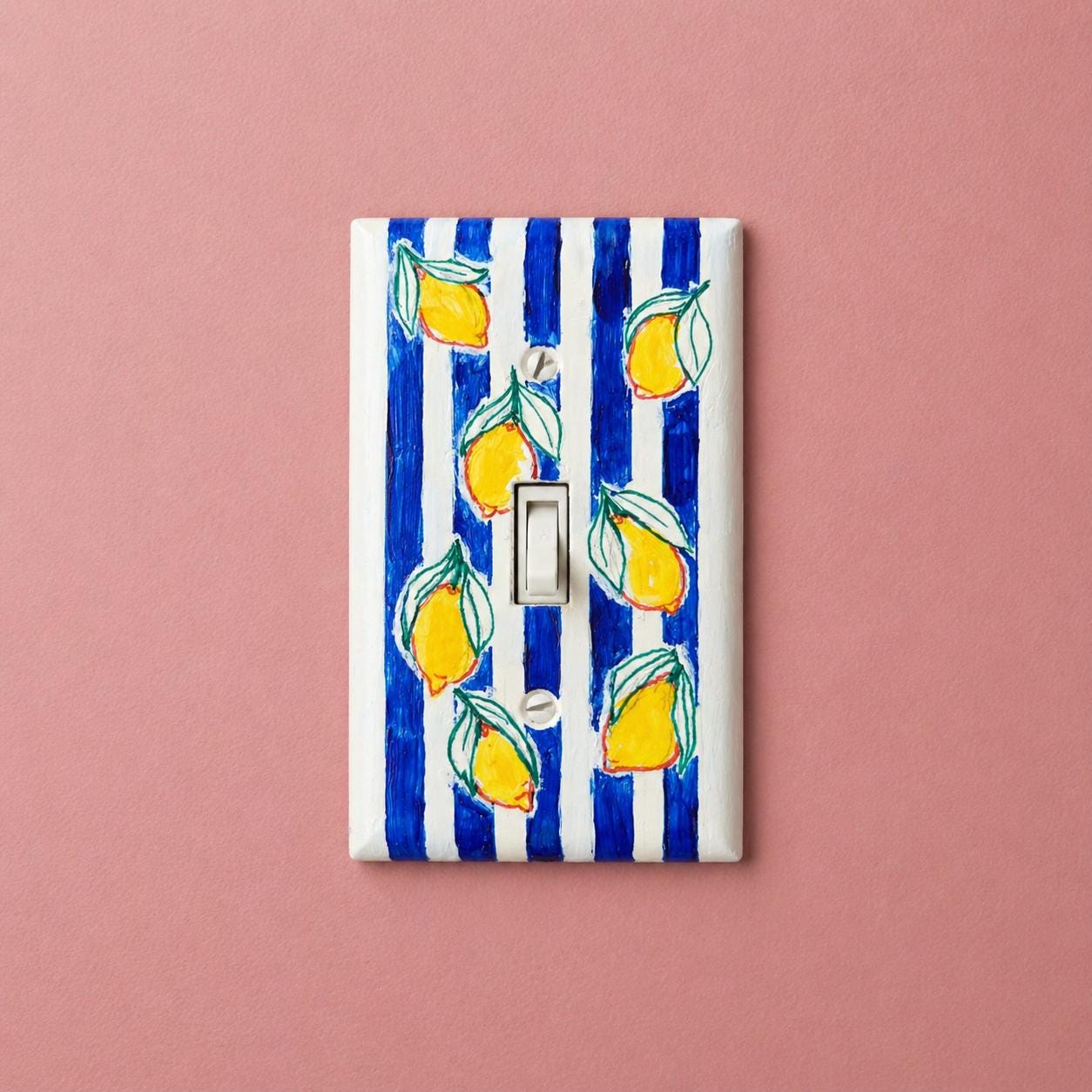 Handpainted Lemons Light Switch Cover Plate, Cottagecore Yellow Blue Striped Kitchen Wall Art