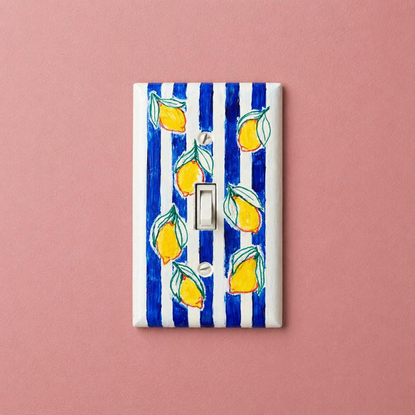 Handpainted Lemons Light Switch Cover Plate, Cottagecore Yellow Blue Striped Kitchen Wall Art