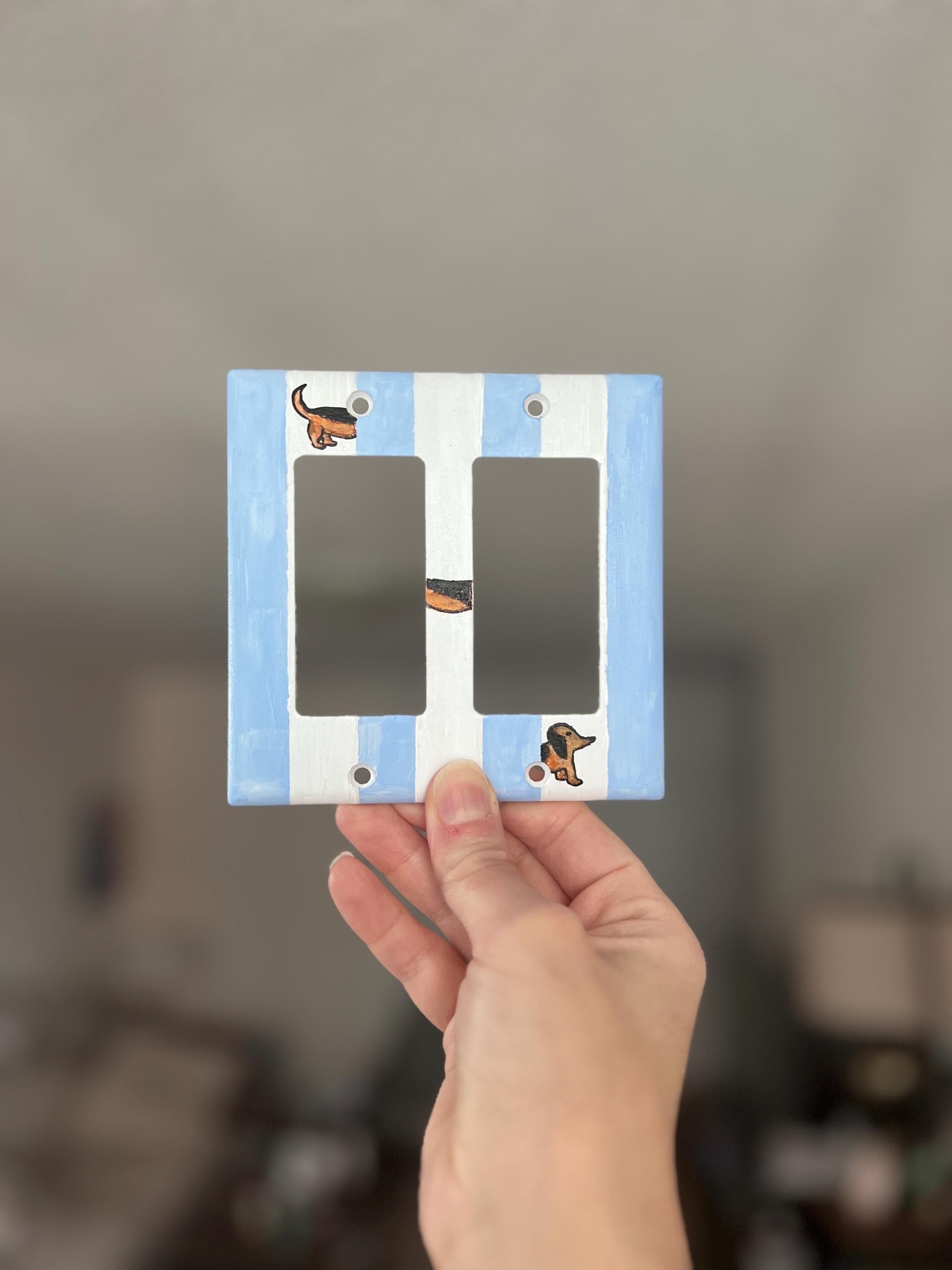 Hand-Painted Dachshund Dog Light Switch Plate, Blue Stripes Unique Wall Art, Home Outlet Cover