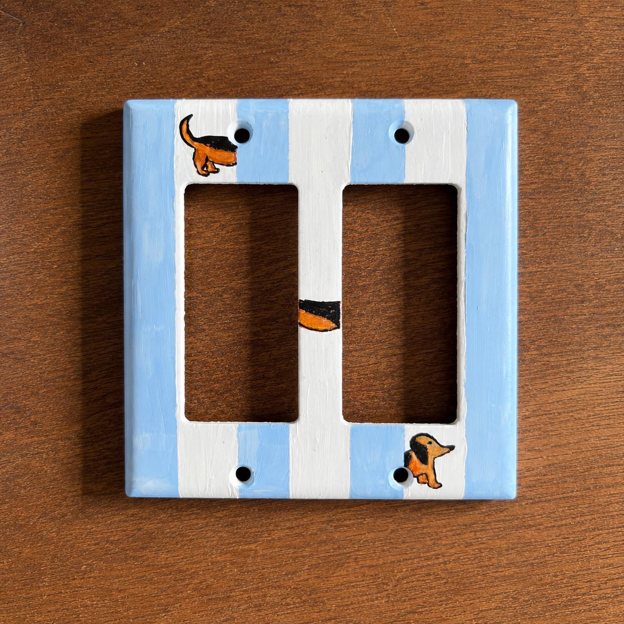 Hand-Painted Dachshund Dog Light Switch Plate, Blue Stripes Unique Wall Art, Home Outlet Cover
