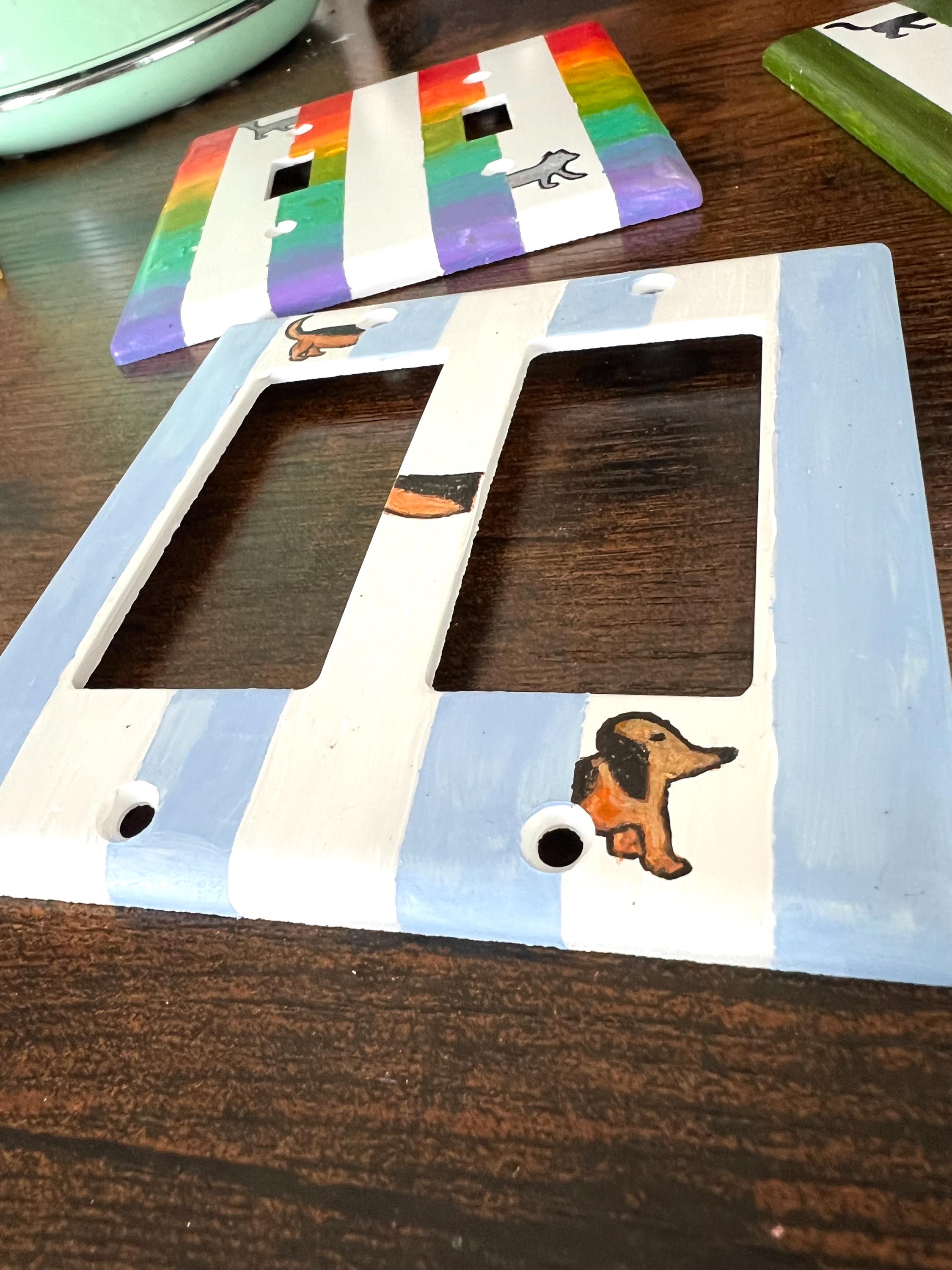 Hand-Painted Dachshund Dog Light Switch Plate, Blue Stripes Unique Wall Art, Home Outlet Cover