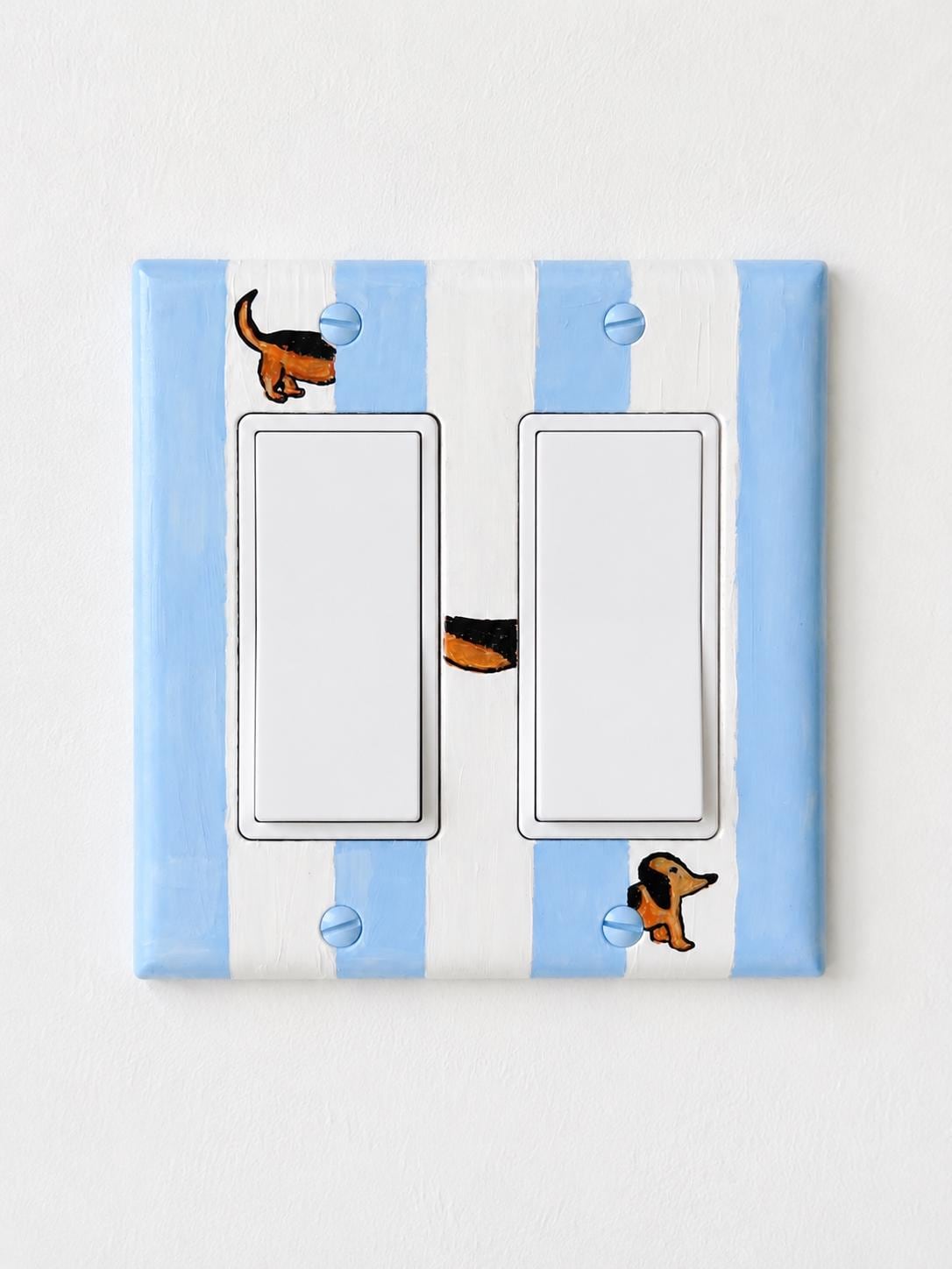 Hand-Painted Dachshund Dog Light Switch Plate, Blue Stripes Unique Wall Art, Home Outlet Cover