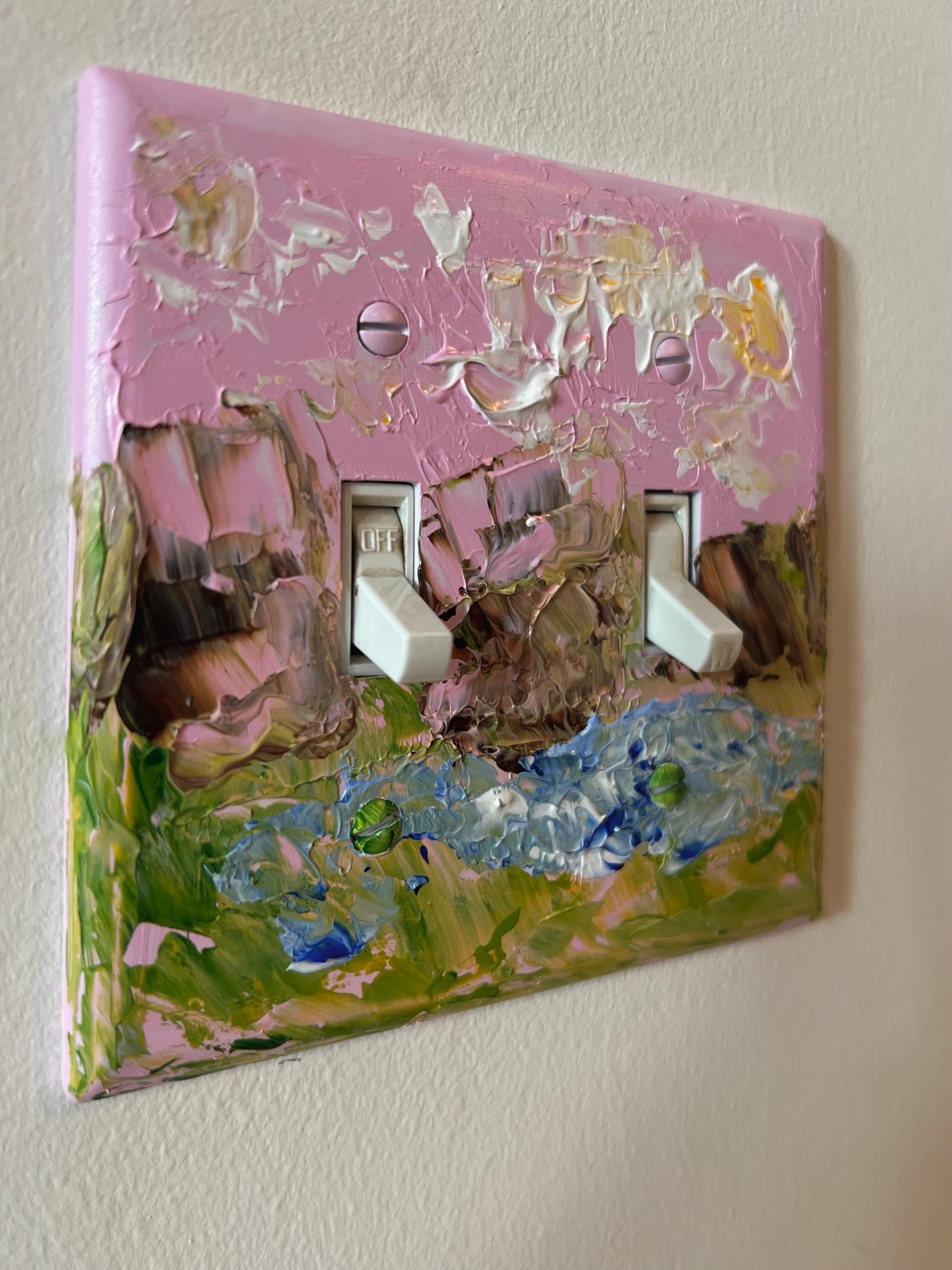 Hand-Painted Landscape Cottagecore Light Switch Plate, Kitchen Wall Art, Impasto Pink and Green Painting