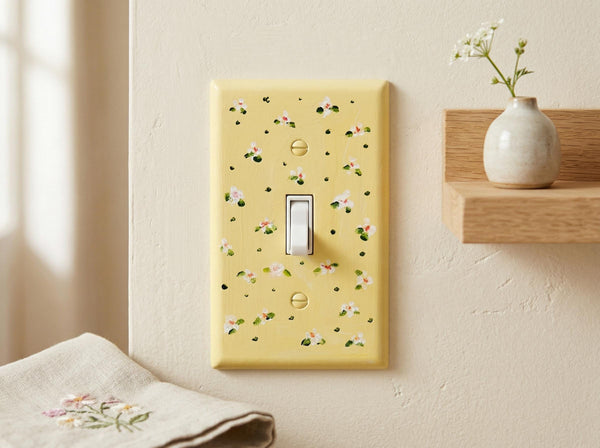 Hand-Painted Floral Light Switch Plate, Cottagecore Yellow Pink Wall Art Outlet Cover