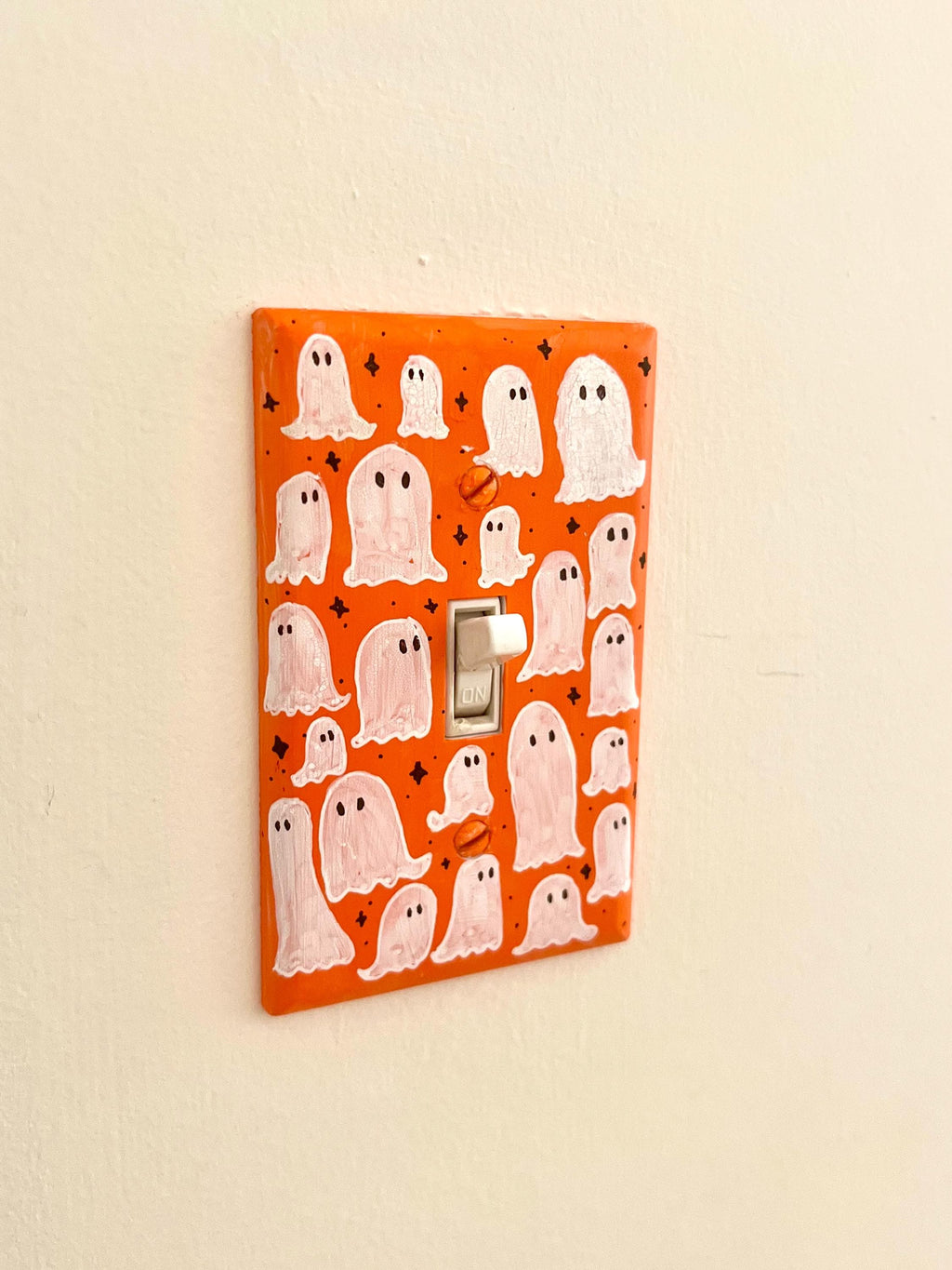 Hand-Painted Ghost Halloween Light Switch Plate, Orange Spooky Decor