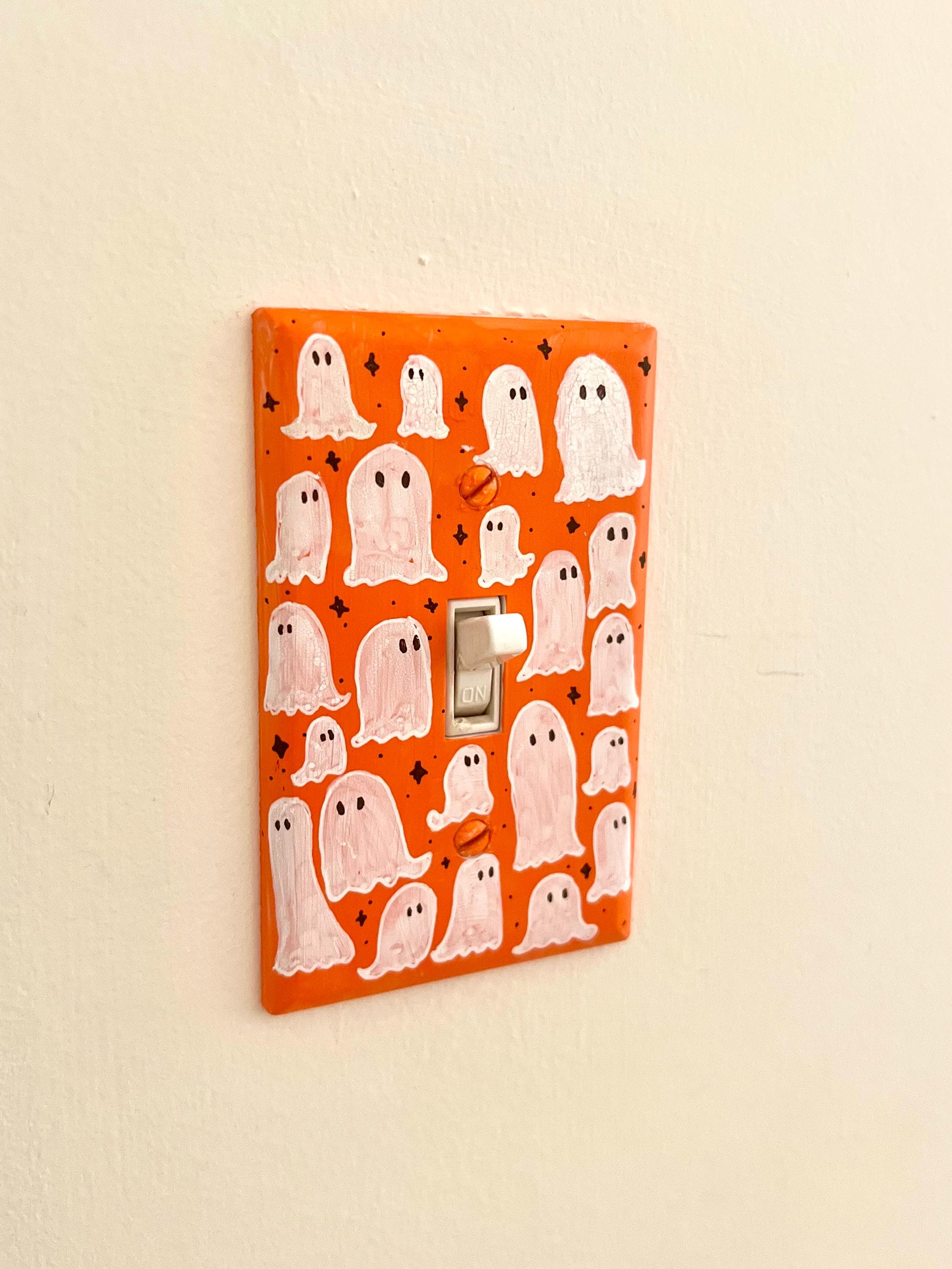 Hand-Painted Ghost Halloween Light Switch Plate, Orange Spooky Decor