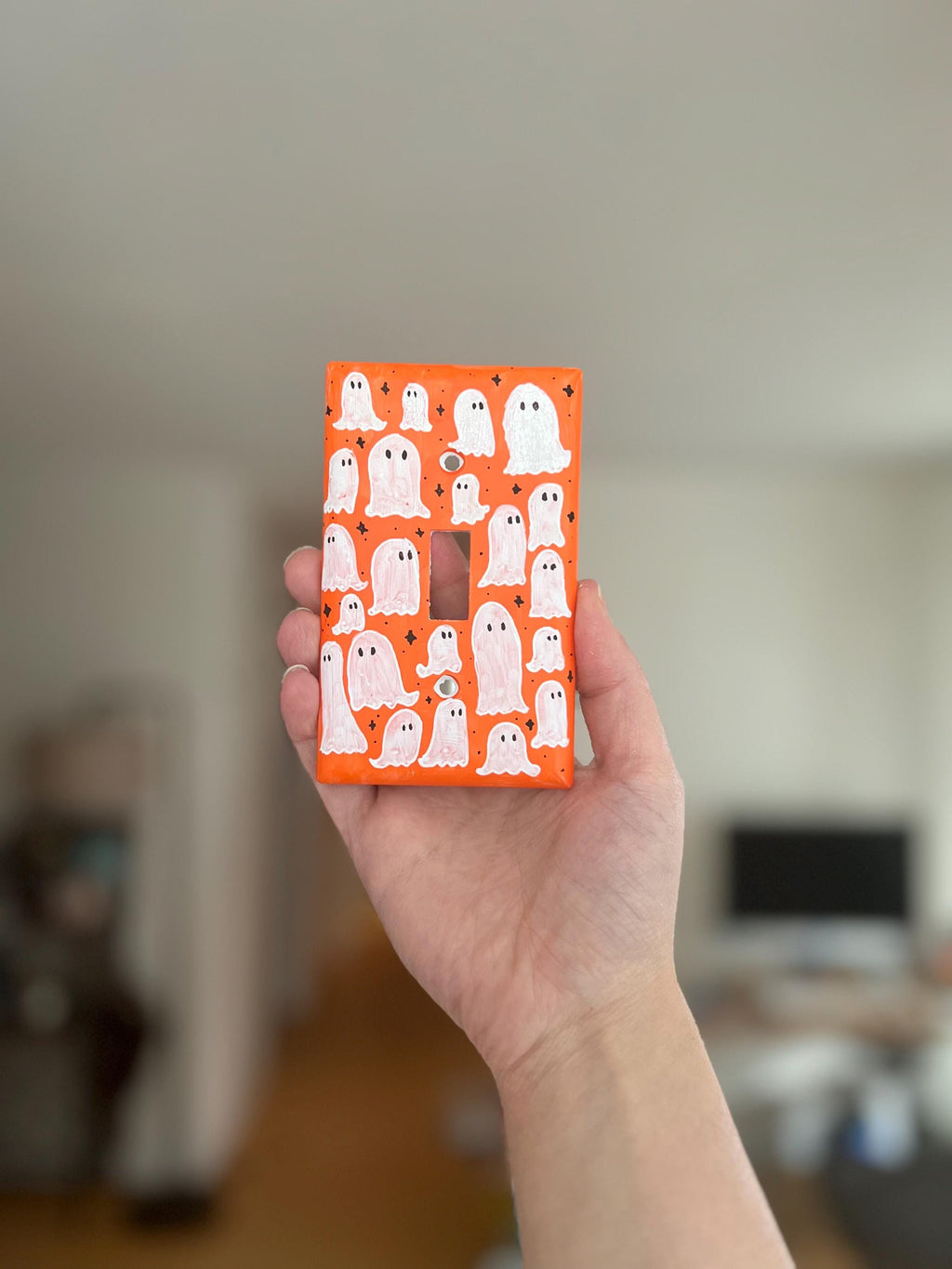 Hand-Painted Ghost Halloween Light Switch Plate, Orange Spooky Decor