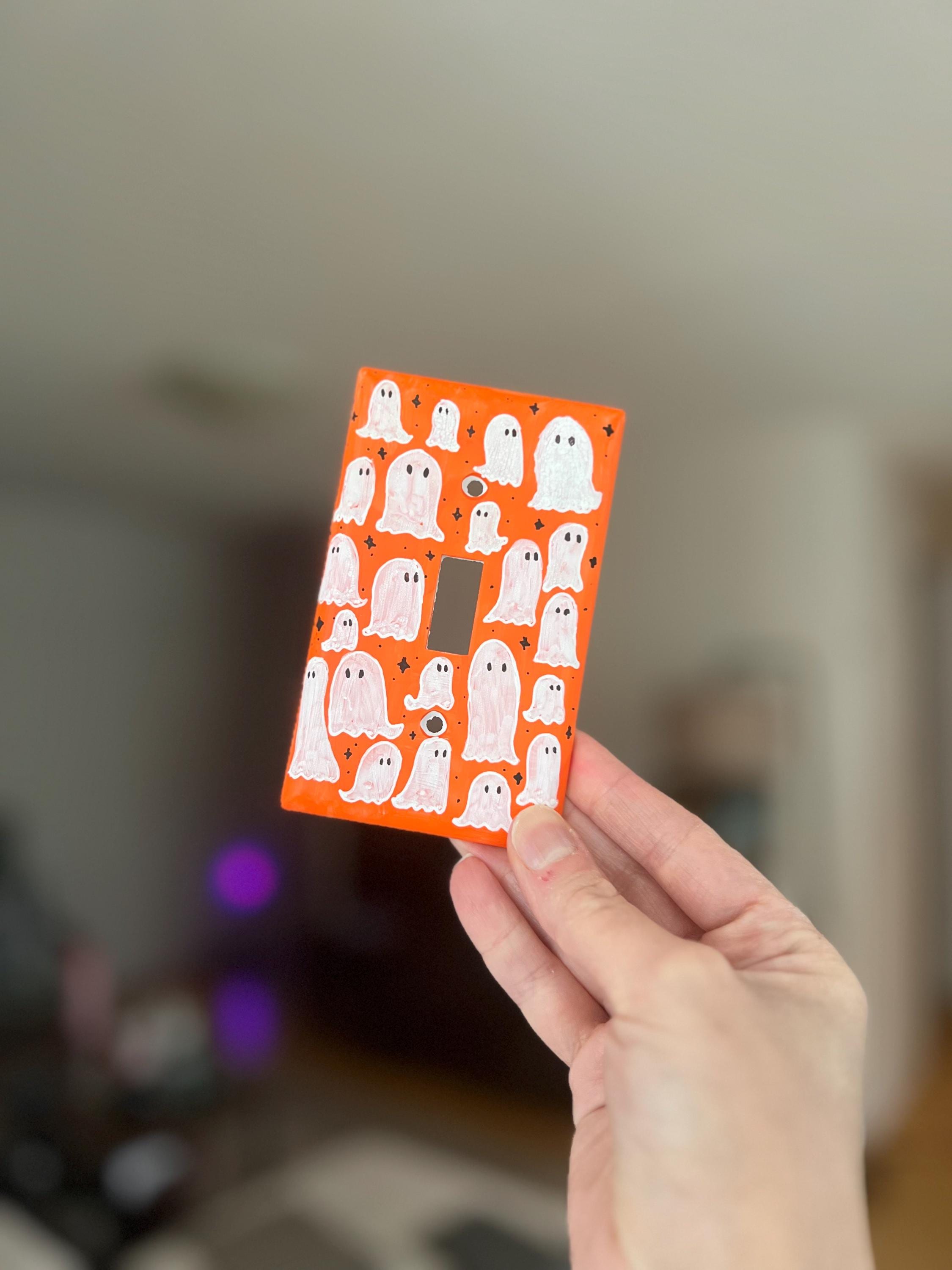 Hand-Painted Ghost Halloween Light Switch Plate, Orange Spooky Decor