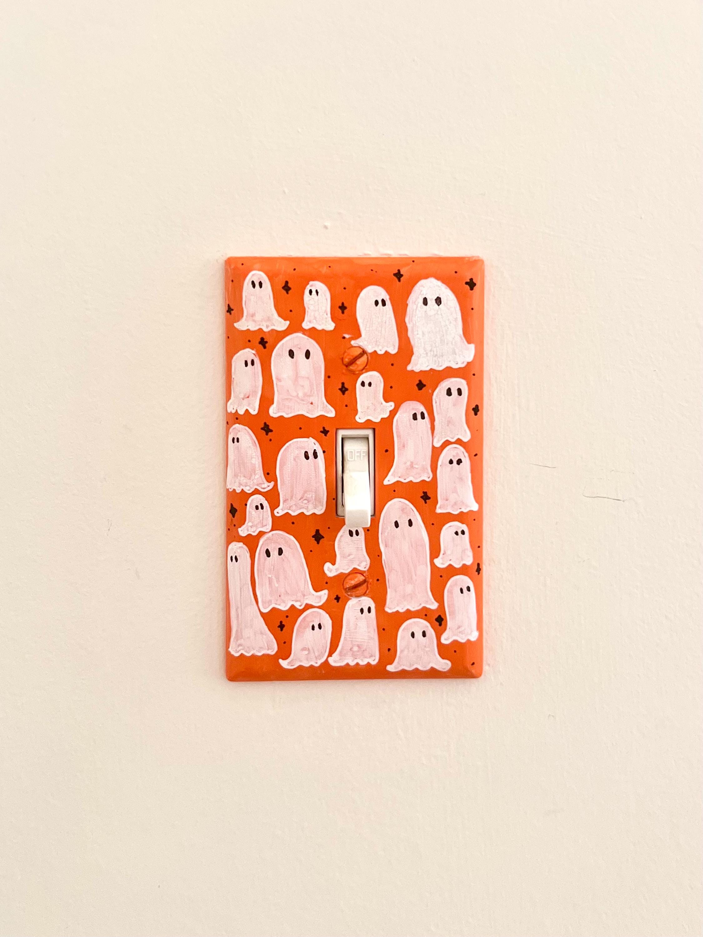 Hand-Painted Ghost Halloween Light Switch Plate, Orange Spooky Decor
