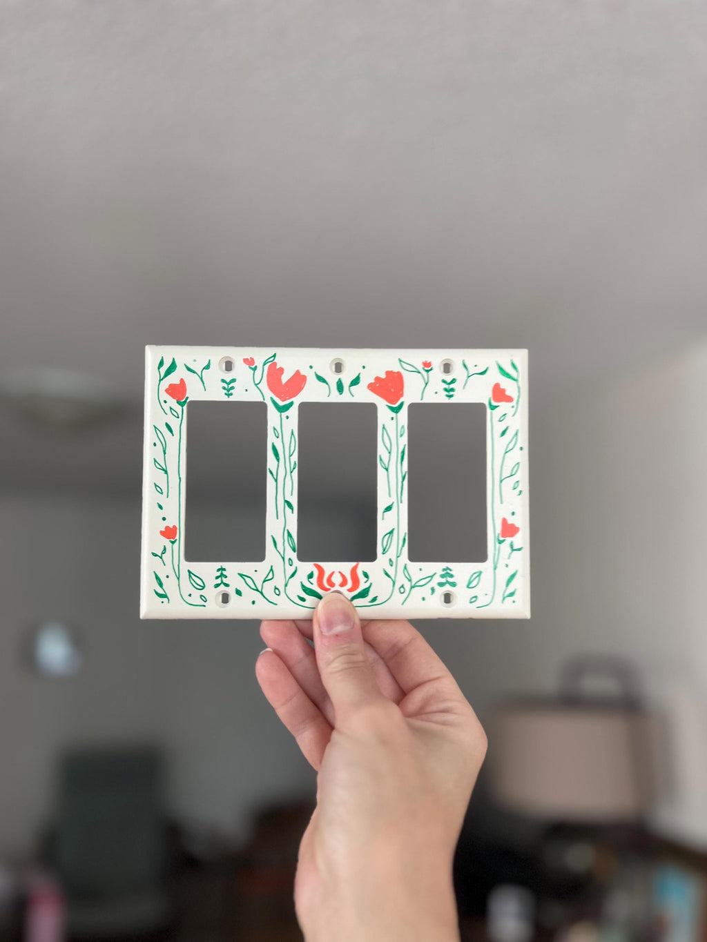 Hand-Painted Floral Light Switch Plate Cover, Orange Flowers Modern Wall Art