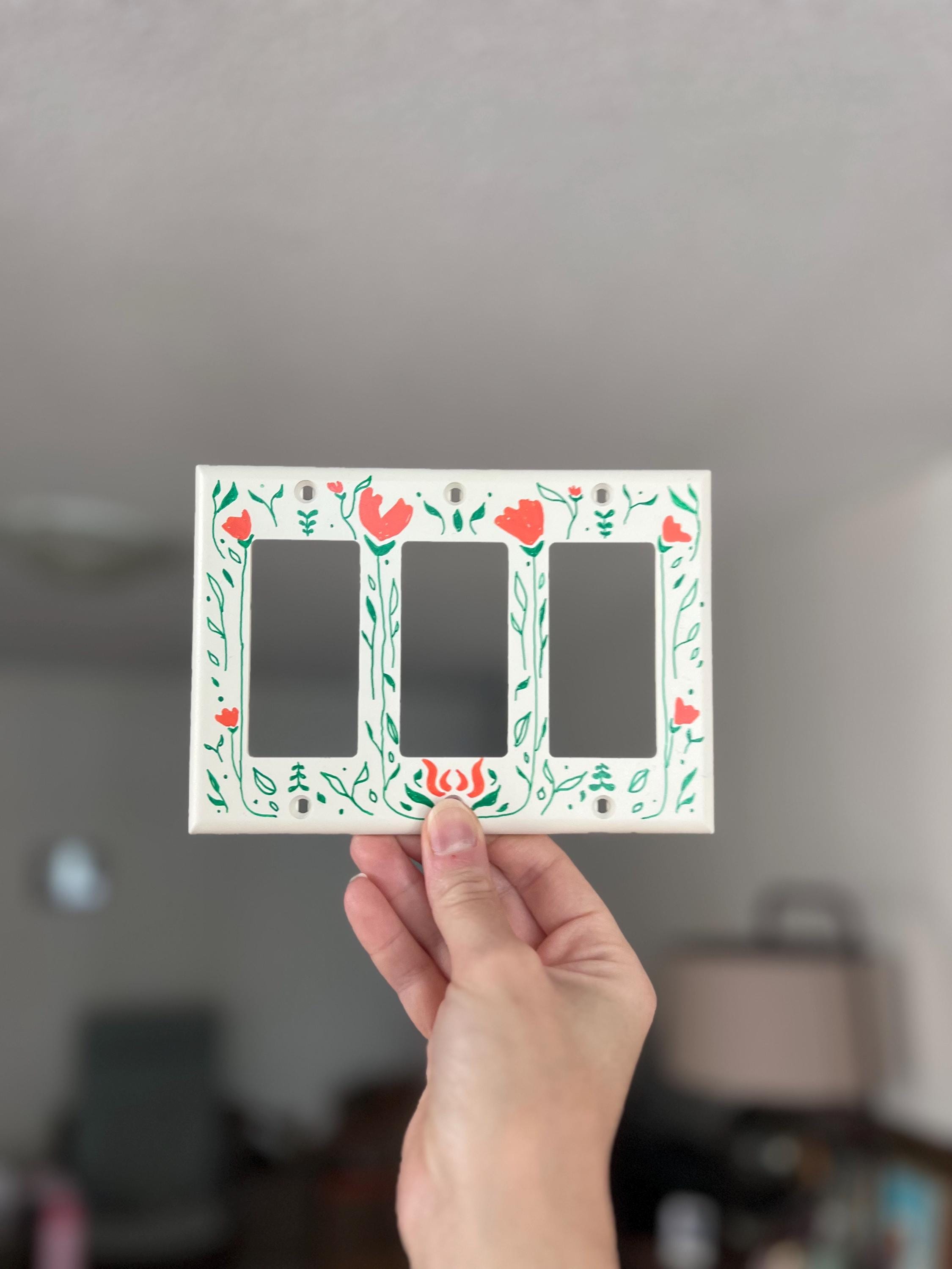 Hand-Painted Floral Light Switch Plate Cover, Orange Flowers Modern Wall Art