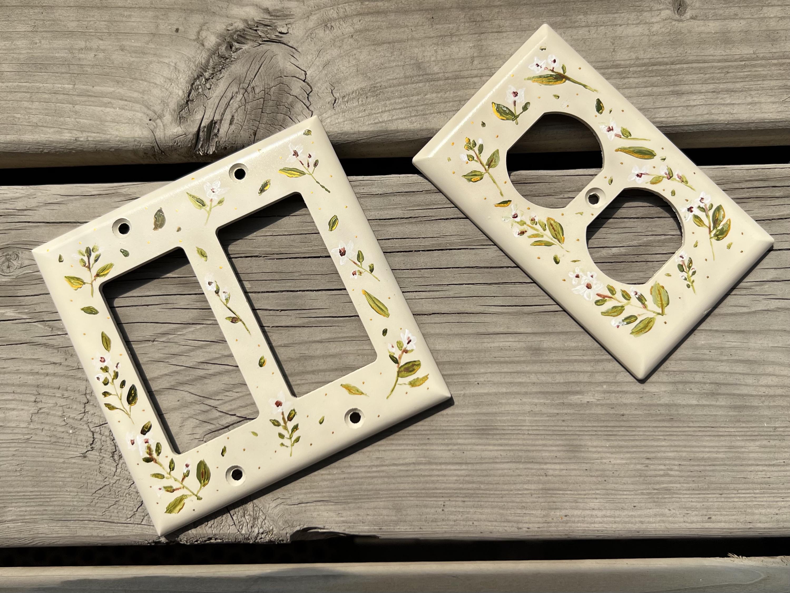 Hand-Painted Botanical Floral Light Switch Plate, Ditsy Gold Accent Cream Cottagecore Decor