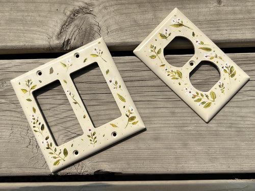 Hand-Painted Botanical Floral Light Switch Plate, Ditsy Gold Accent Cream Cottagecore Decor