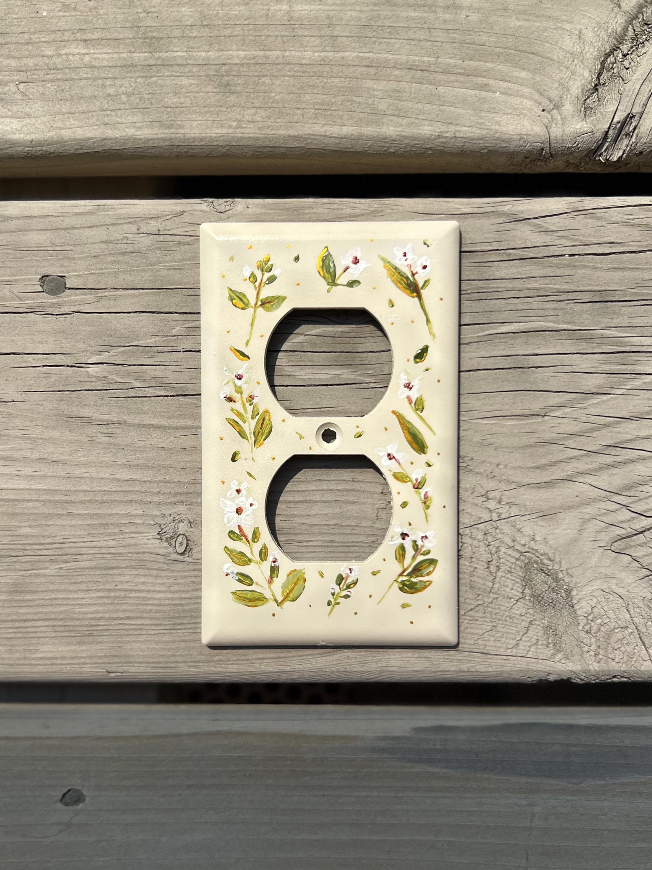 Hand-Painted Botanical Floral Light Switch Plate, Ditsy Gold Accent Cream Cottagecore Decor