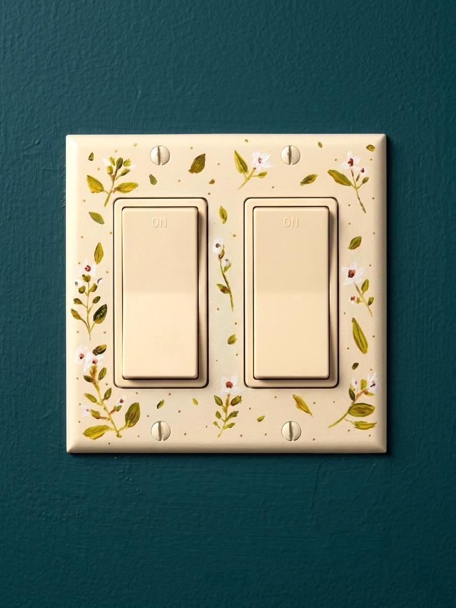 Hand-Painted Botanical Floral Light Switch Plate, Ditsy Gold Accent Cream Cottagecore Decor