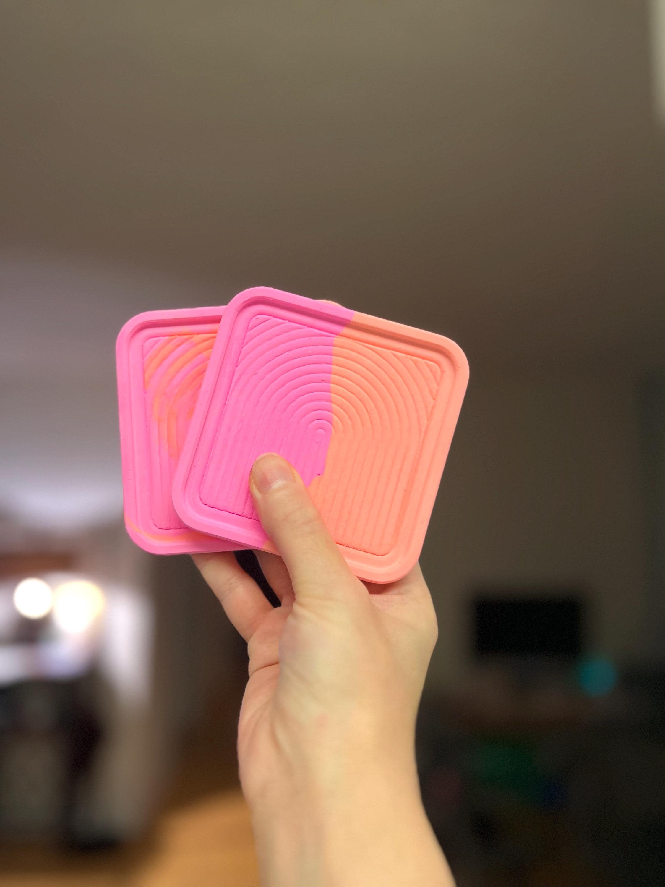 Handmade Coasters with Arch Accent, Bright Orange and Pink, eco-resin drinkware, Textured Minimalist Home Decor