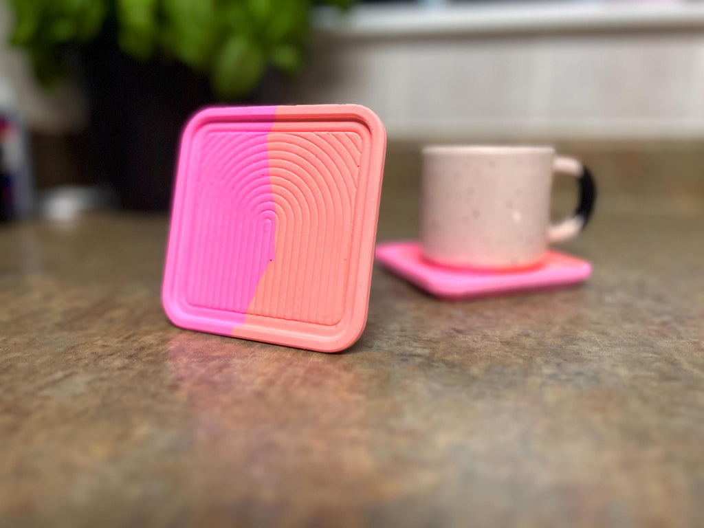 Handmade Coasters with Arch Accent, Bright Orange and Pink, eco-resin drinkware, Textured Minimalist Home Decor