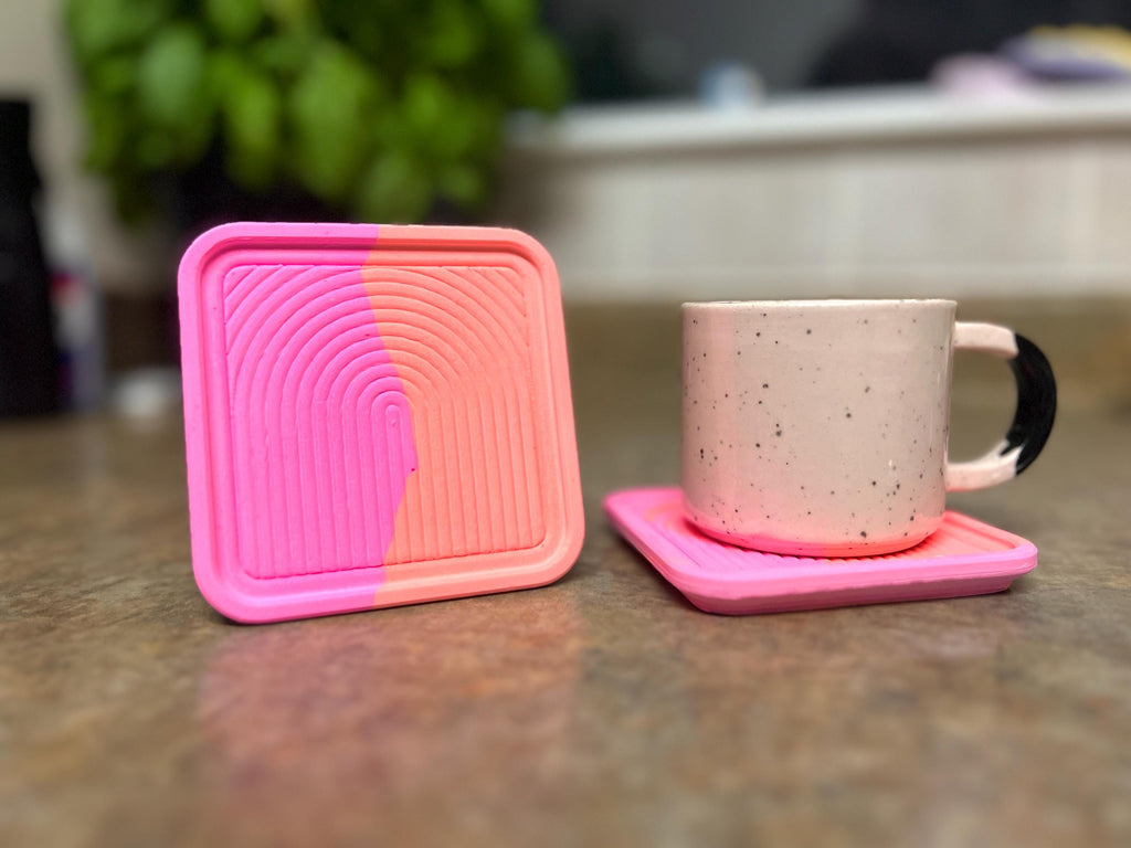 Handmade Coasters with Arch Accent, Bright Orange and Pink, eco-resin drinkware, Textured Minimalist Home Decor