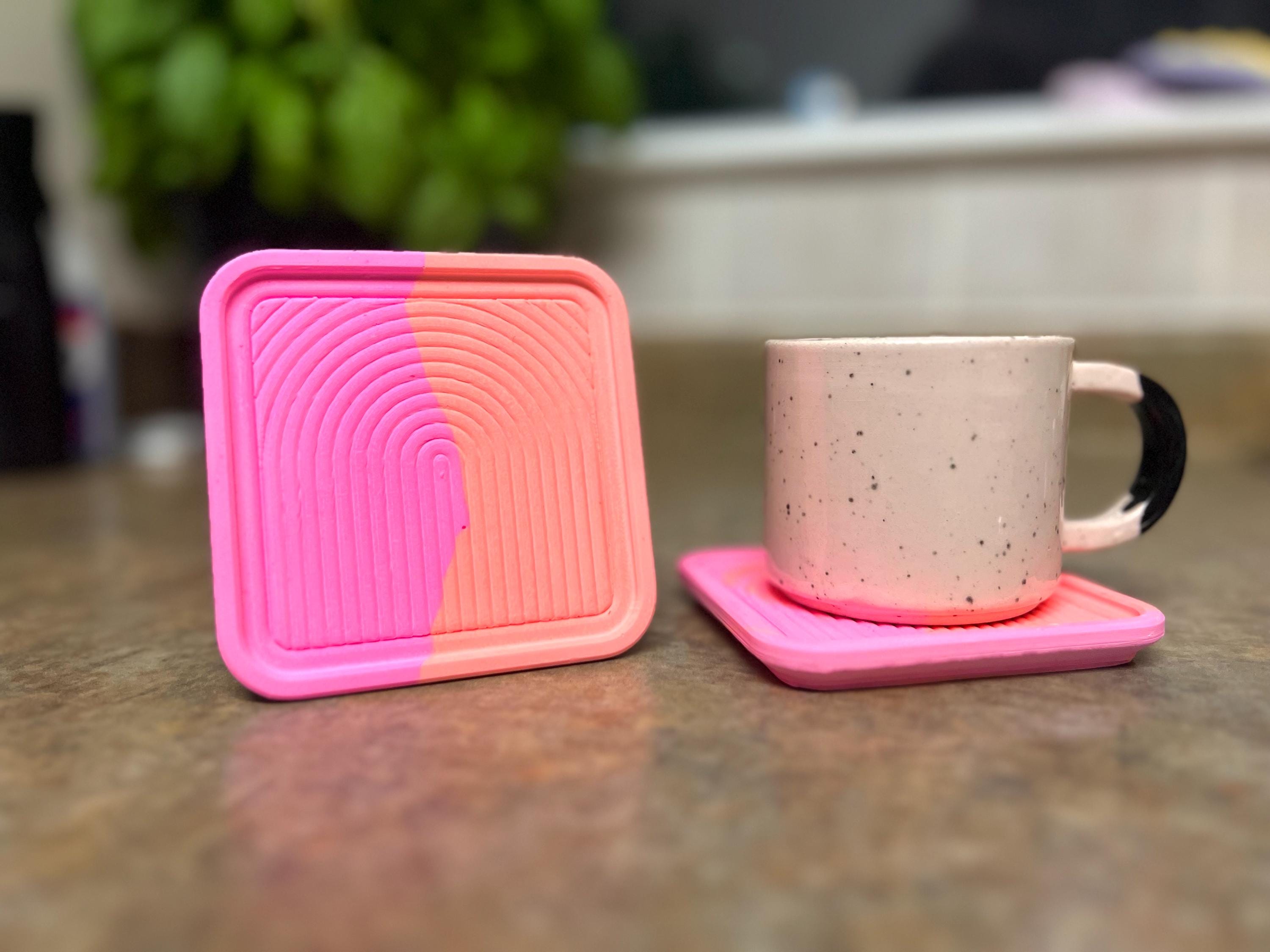 Handmade Coasters with Arch Accent, Bright Orange and Pink, eco-resin drinkware, Textured Minimalist Home Decor